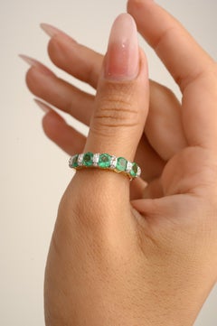 Oval Cut Emerald Diamond Band Ring Set in 14k Solid Yellow Gold Settings