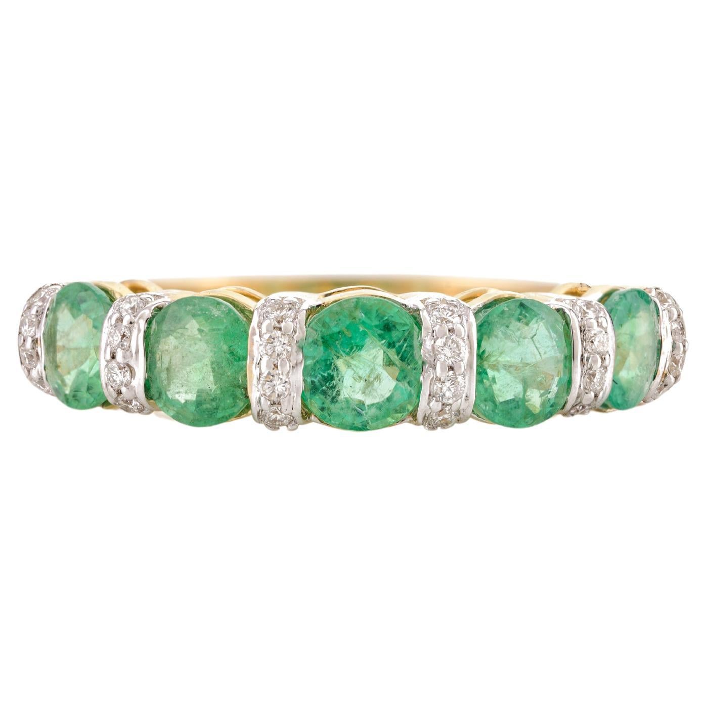 For Sale:  Oval Cut Emerald Diamond Band Ring Set in 14k Solid Yellow Gold Settings