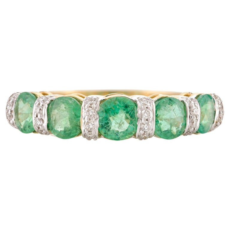Bague Or Jaune 14 Carats Diamant Et émeraude Naturelle 2,05 Ct Taille Ovale - Verte, 7