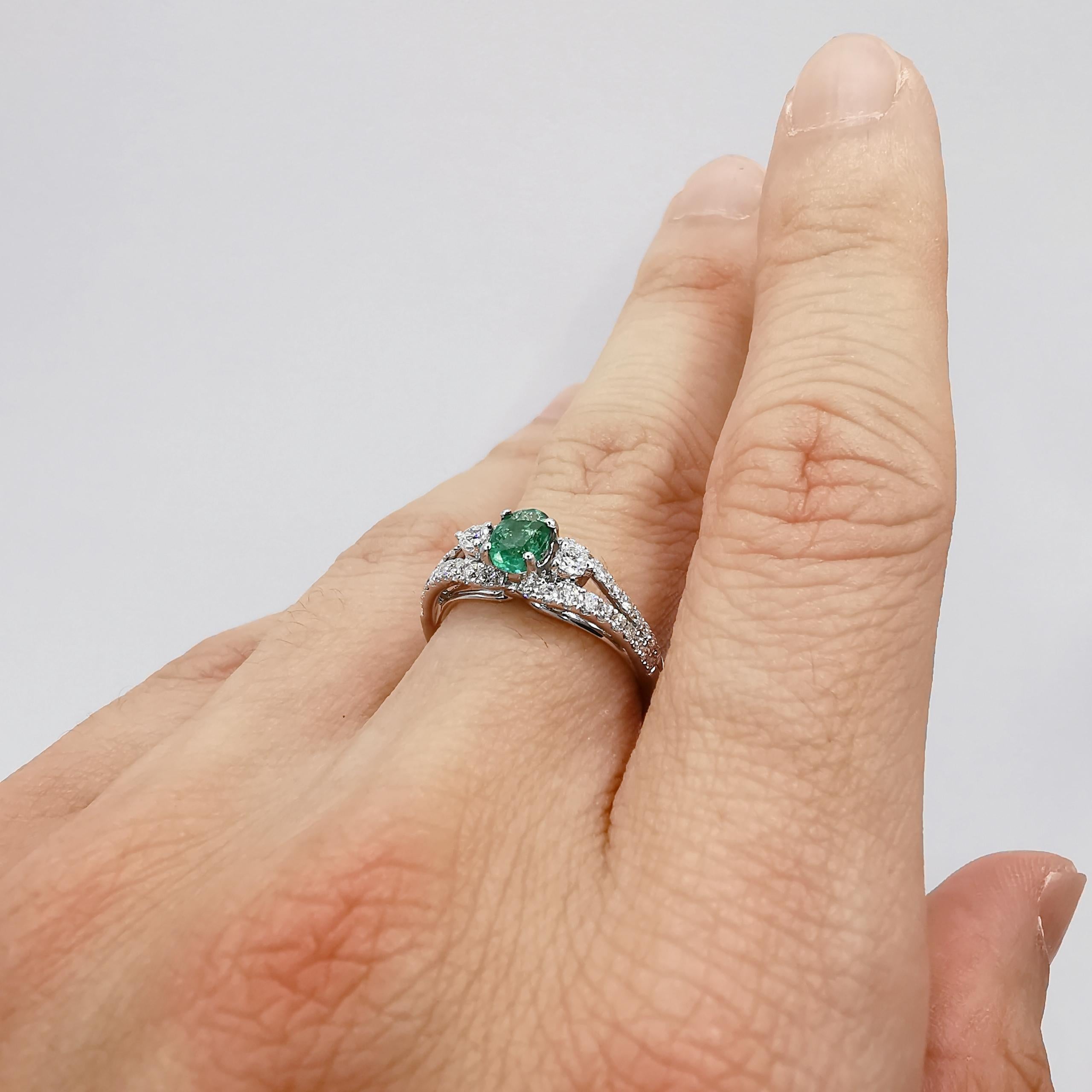 Oval-Cut Vivid Green Emerald Diamond Cluster Ring in 18k White Gold For Sale 3