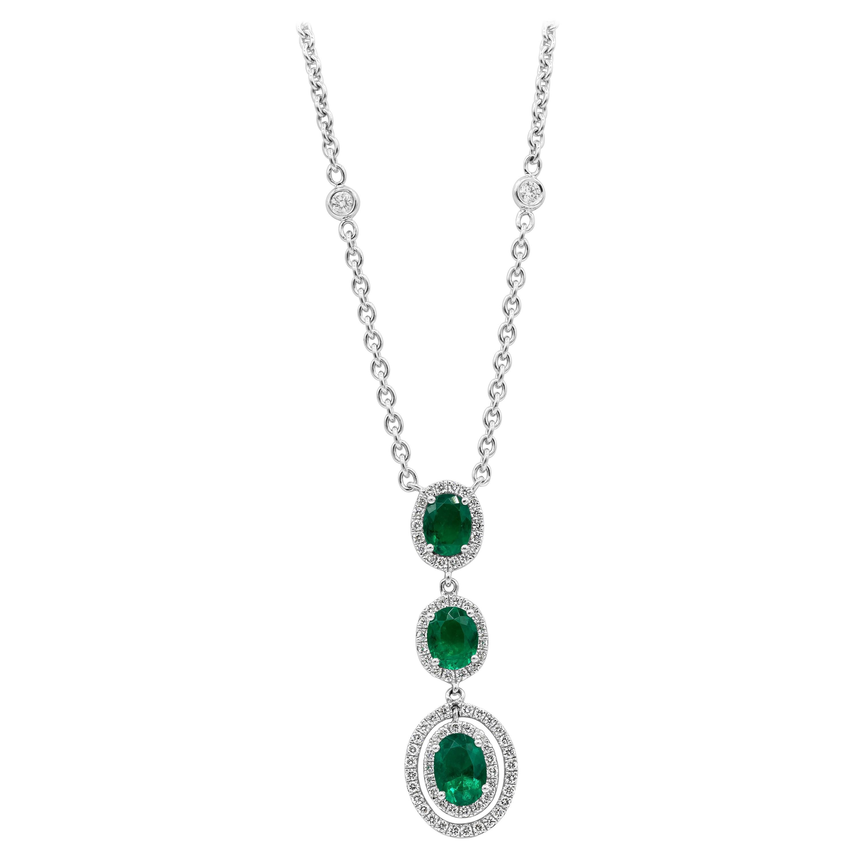 Roman Malakov 1.98 Carats Total Oval Cut Emerald & Diamond Halo Drop Necklace