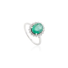 Oval Cut Emerald Diamond Halo Engagement Ring Gift for Her in 14k White Gold