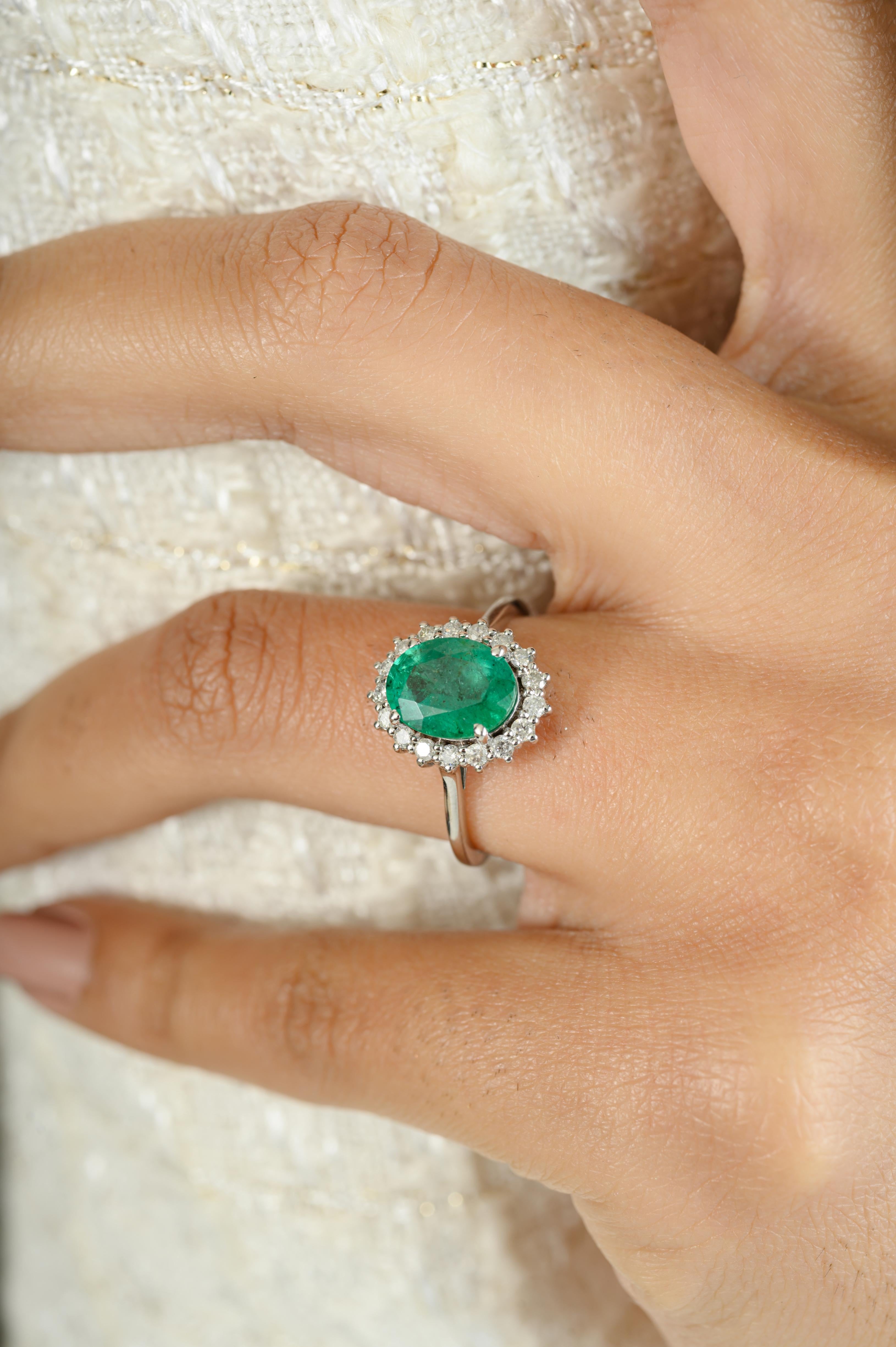 For Sale:  Oval Cut Emerald Diamond Halo Engagement Ring Gift for Her in 14k White Gold 3