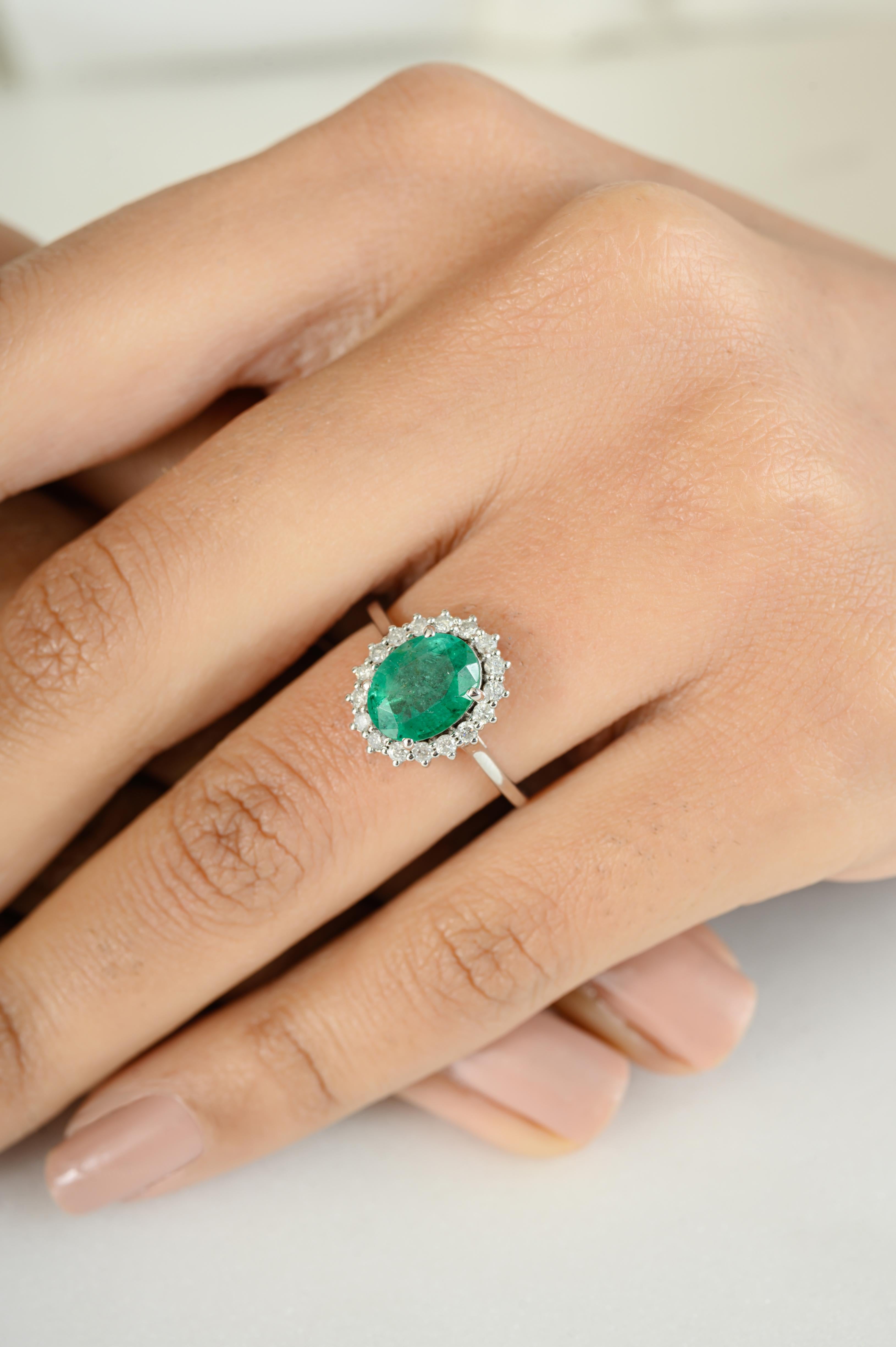 For Sale:  Oval Cut Emerald Diamond Halo Engagement Ring Gift for Her in 14k White Gold 6
