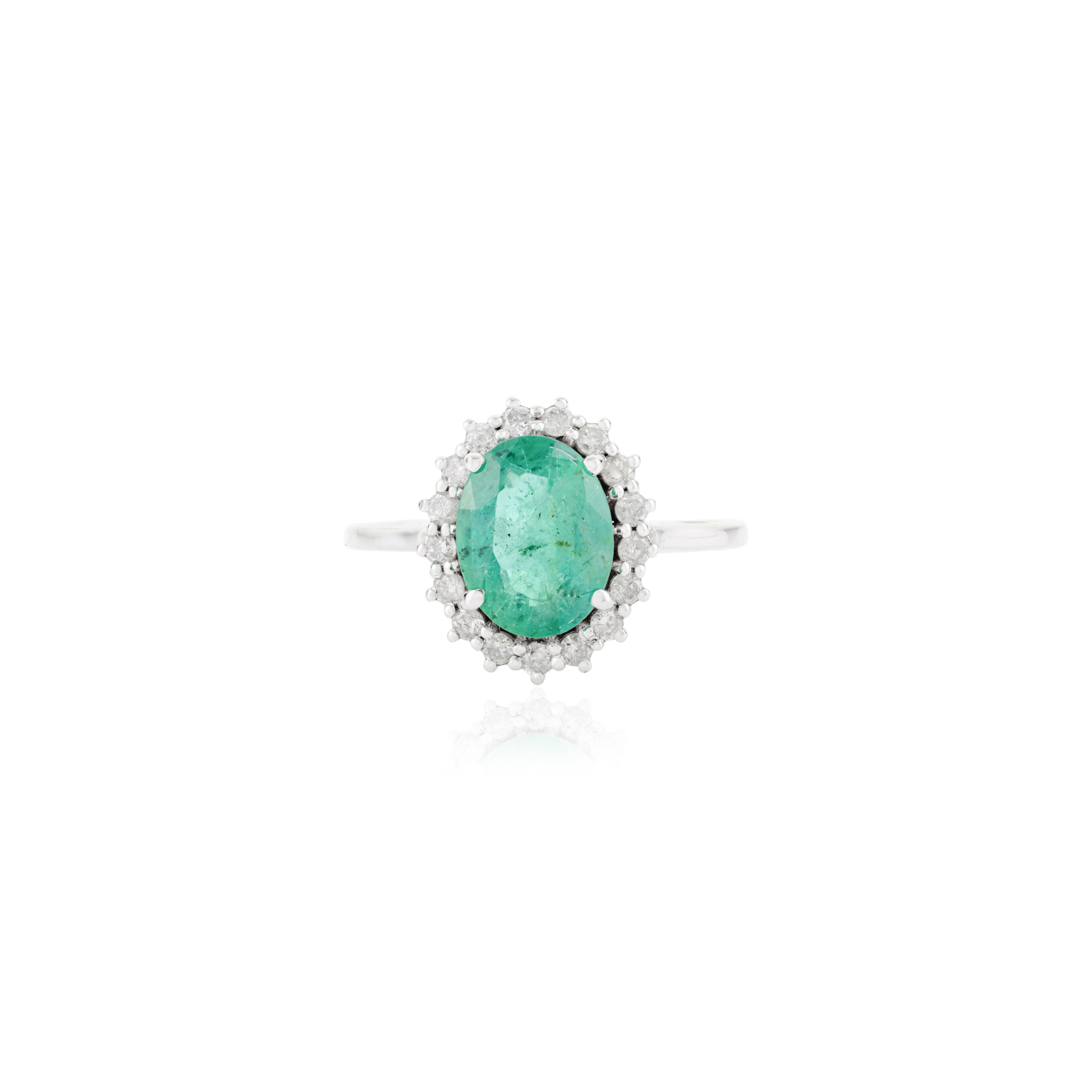 For Sale:  Oval Cut Emerald Diamond Halo Engagement Ring Gift for Her in 14k White Gold 7