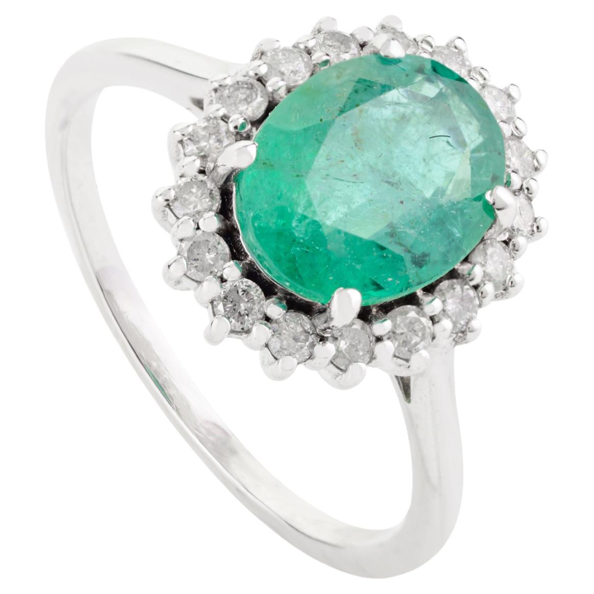 Oval Cut Emerald Diamond Halo Engagement Ring Gift for Her in 14k White Gold