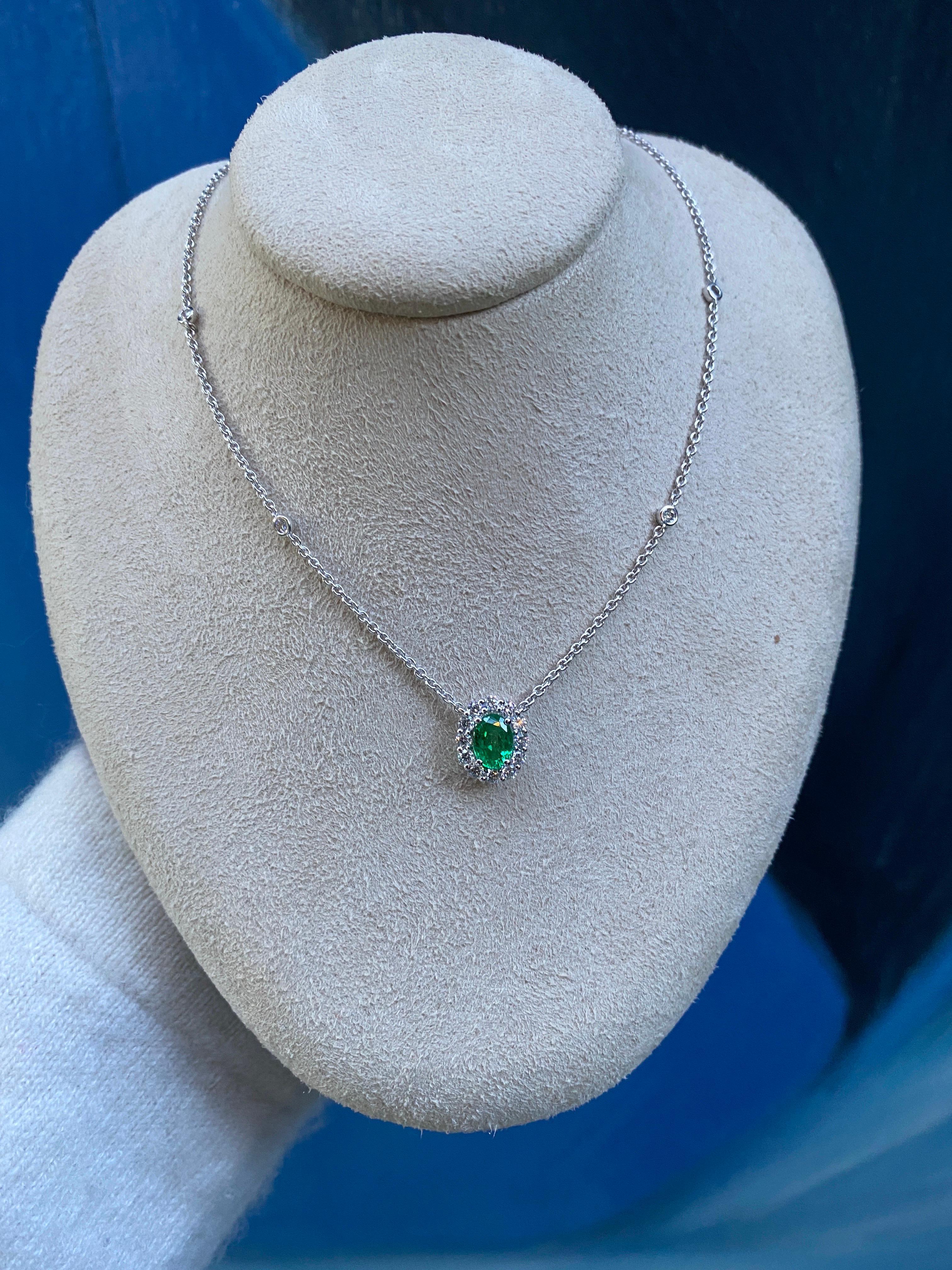 Oval Cut Emerald & Diamond Halo Pendant Necklace For Sale 6