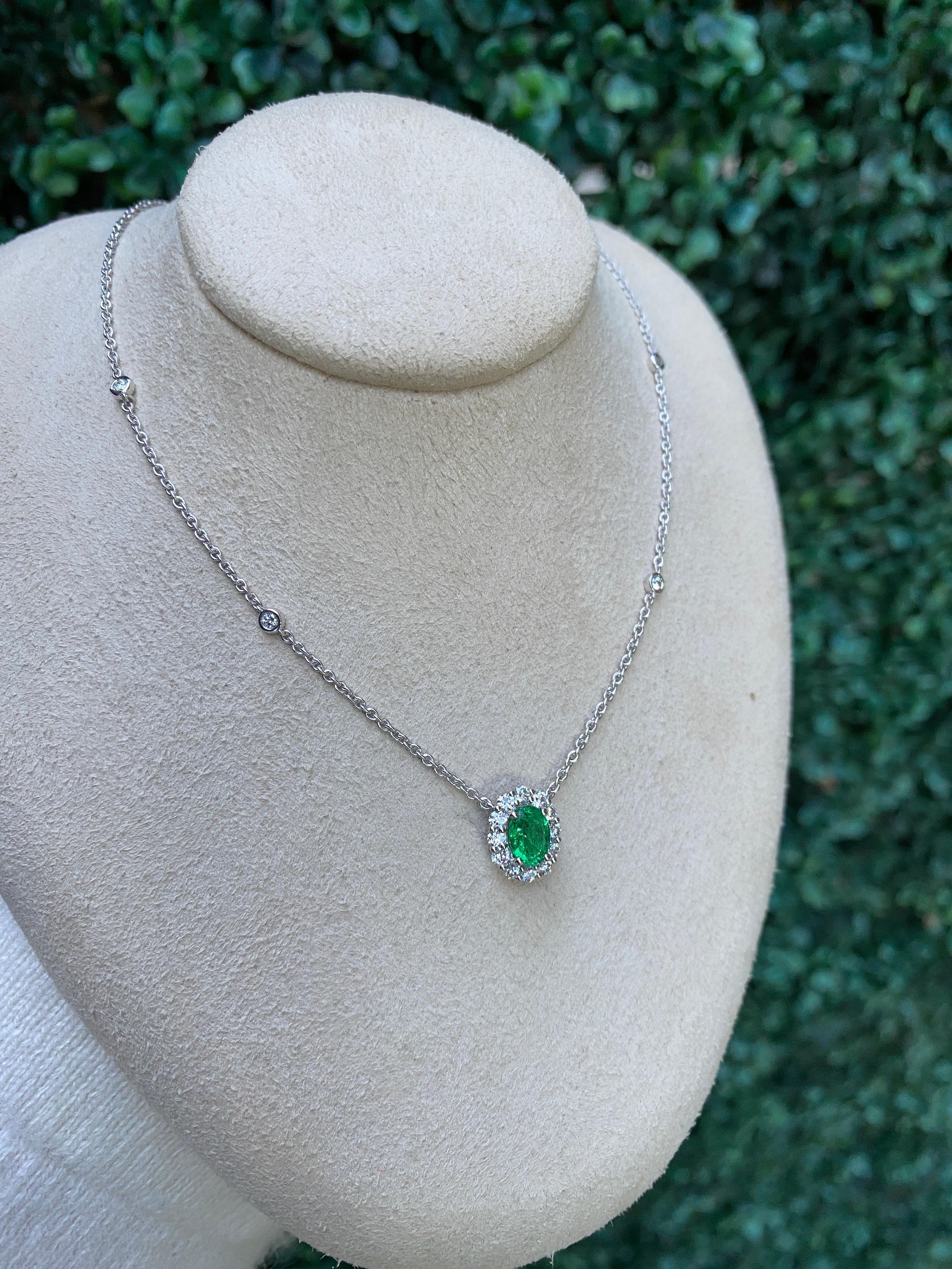 Oval Cut Emerald & Diamond Halo Pendant Necklace 7