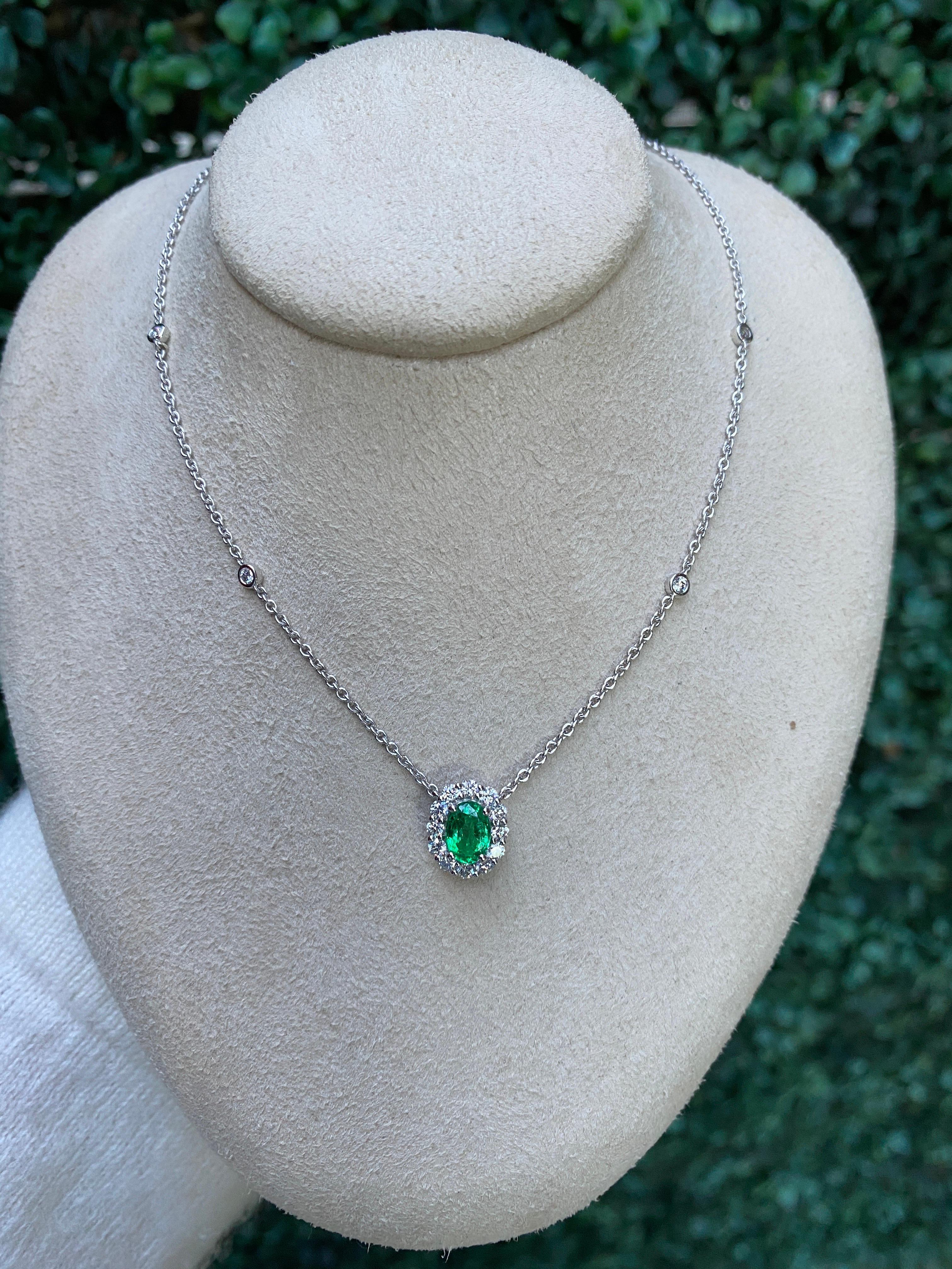 Women's Oval Cut Emerald & Diamond Halo Pendant Necklace For Sale