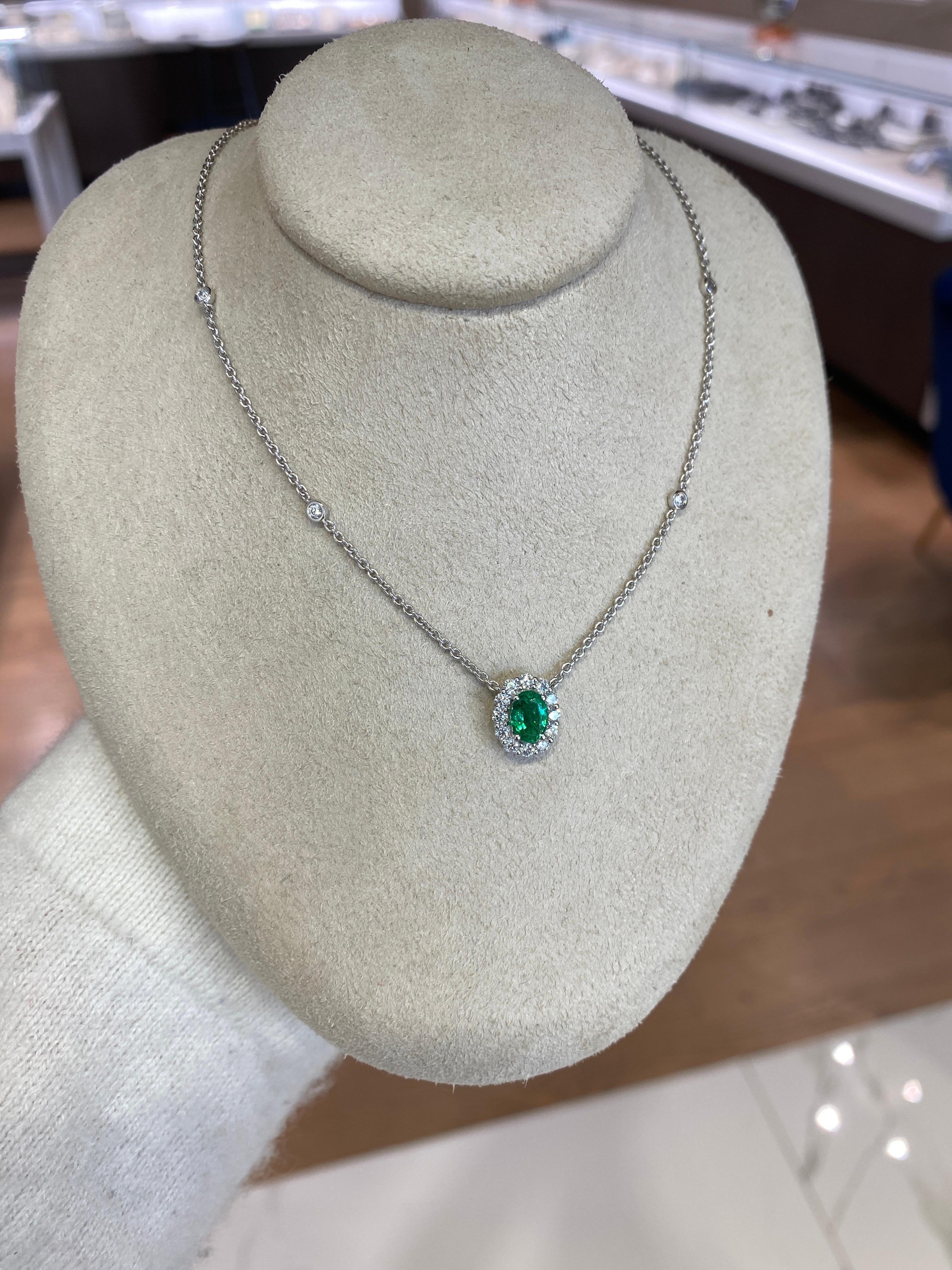 Oval Cut Emerald & Diamond Halo Pendant Necklace For Sale 1