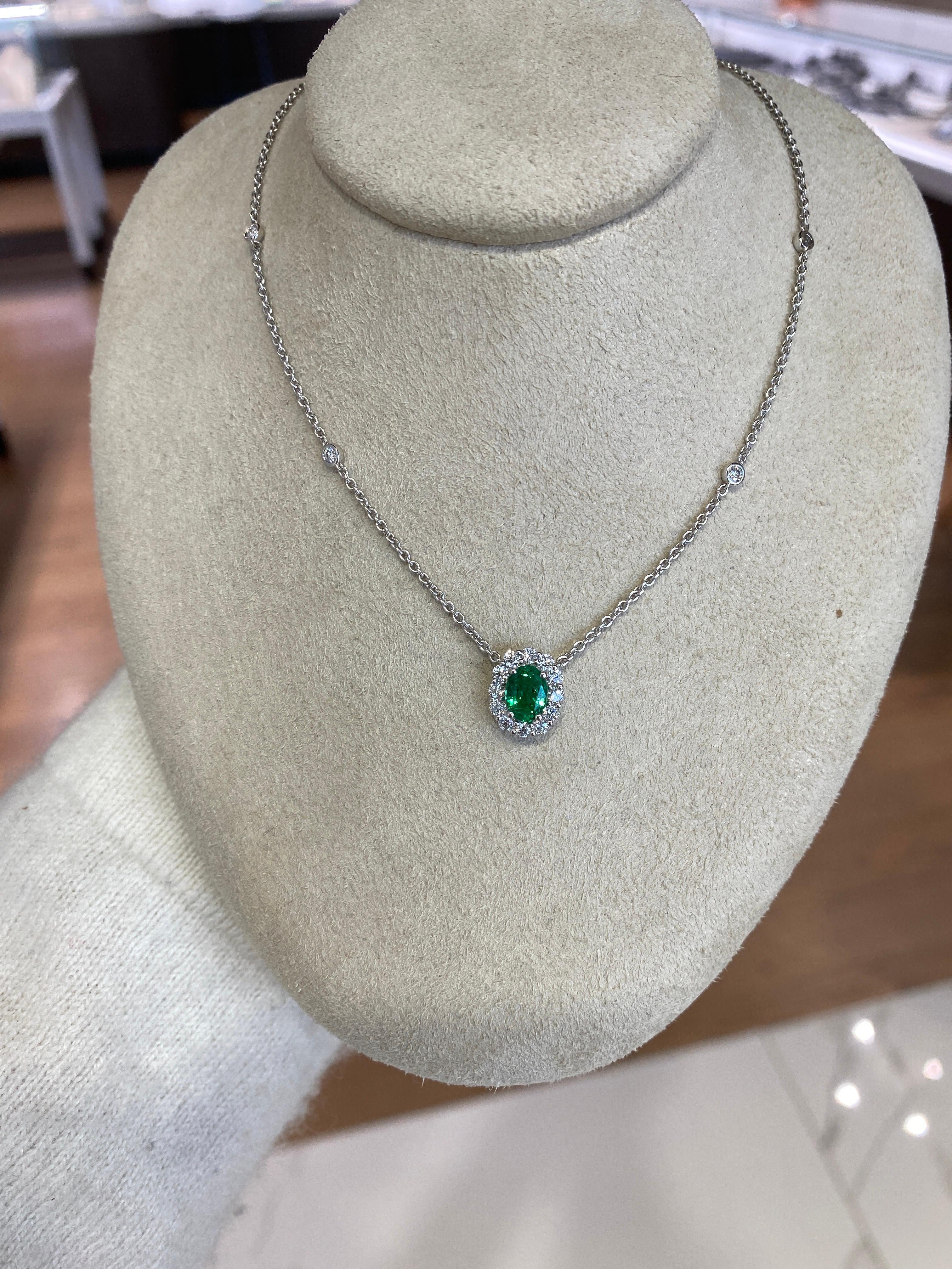 Oval Cut Emerald & Diamond Halo Pendant Necklace For Sale 2