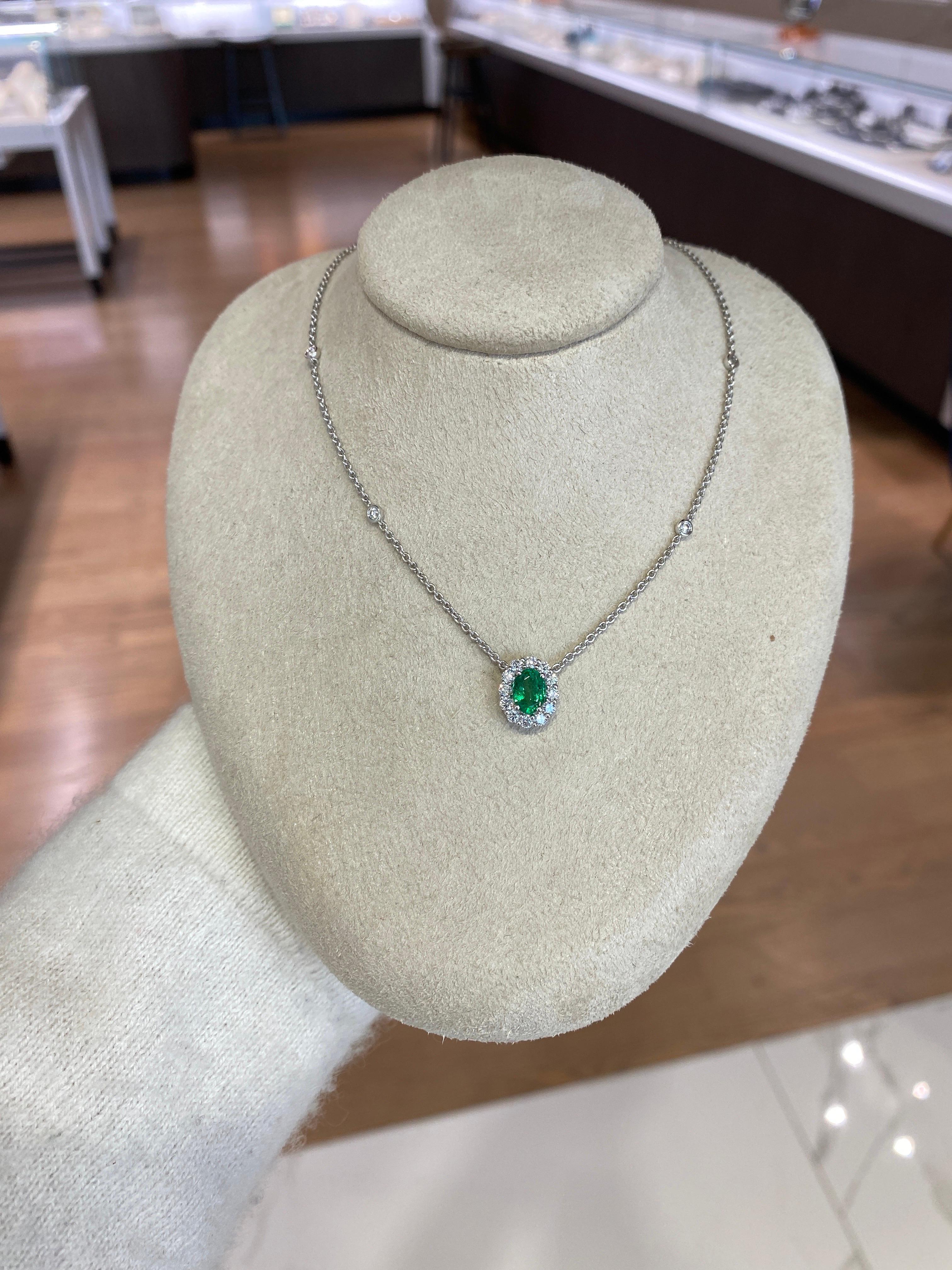Oval Cut Emerald & Diamond Halo Pendant Necklace For Sale 3