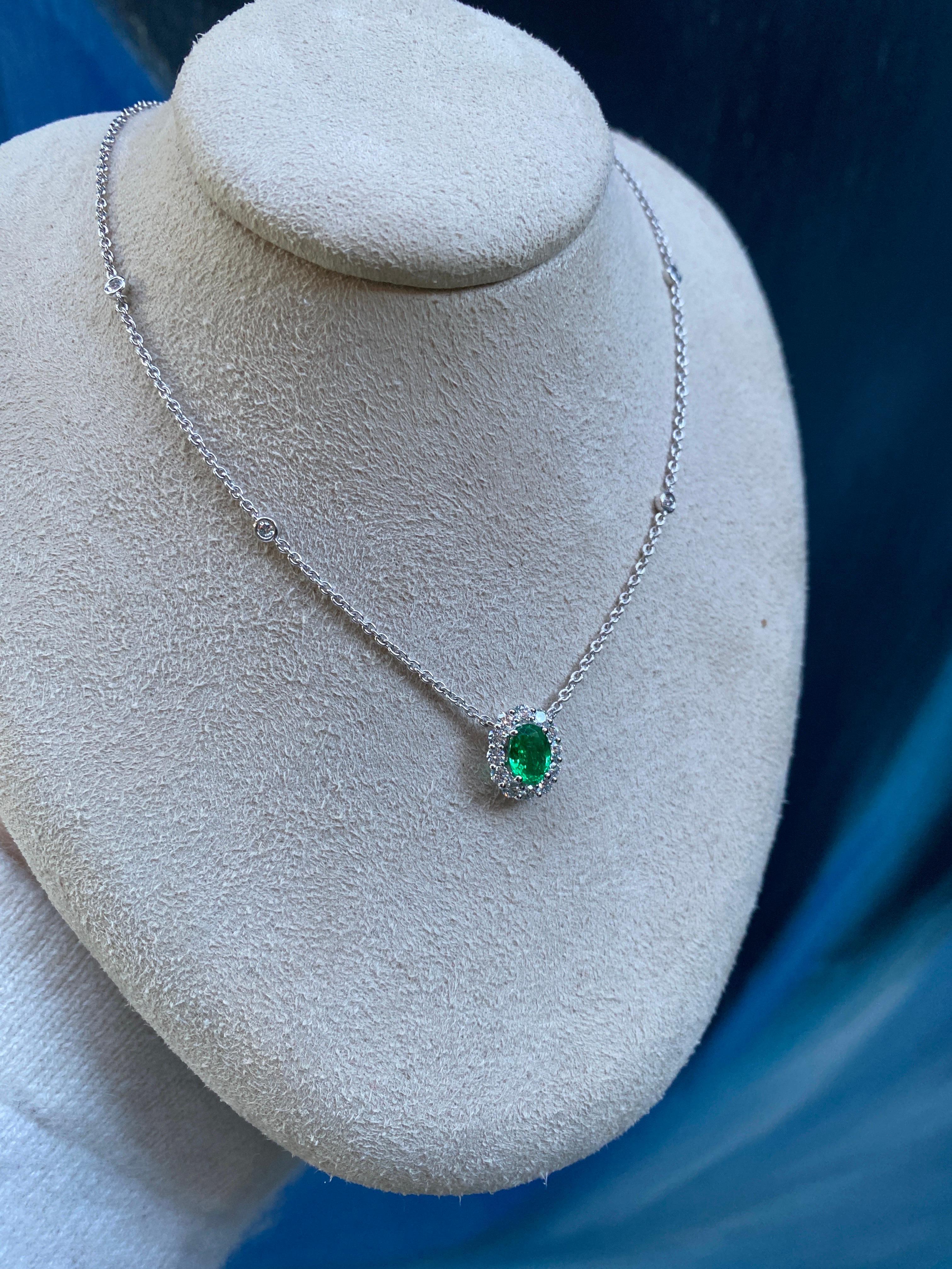 Oval Cut Emerald & Diamond Halo Pendant Necklace For Sale 4