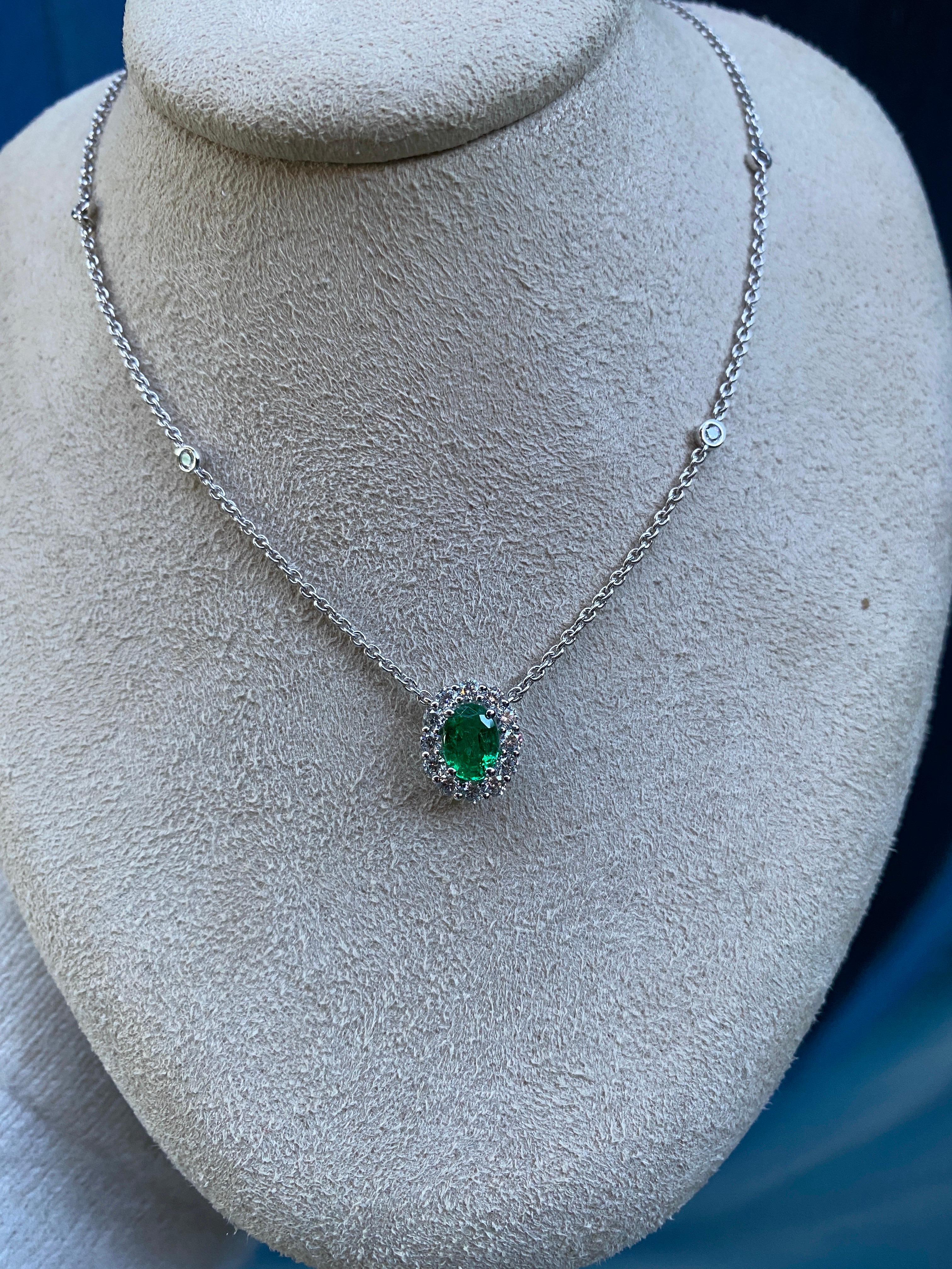 Oval Cut Emerald & Diamond Halo Pendant Necklace For Sale 5