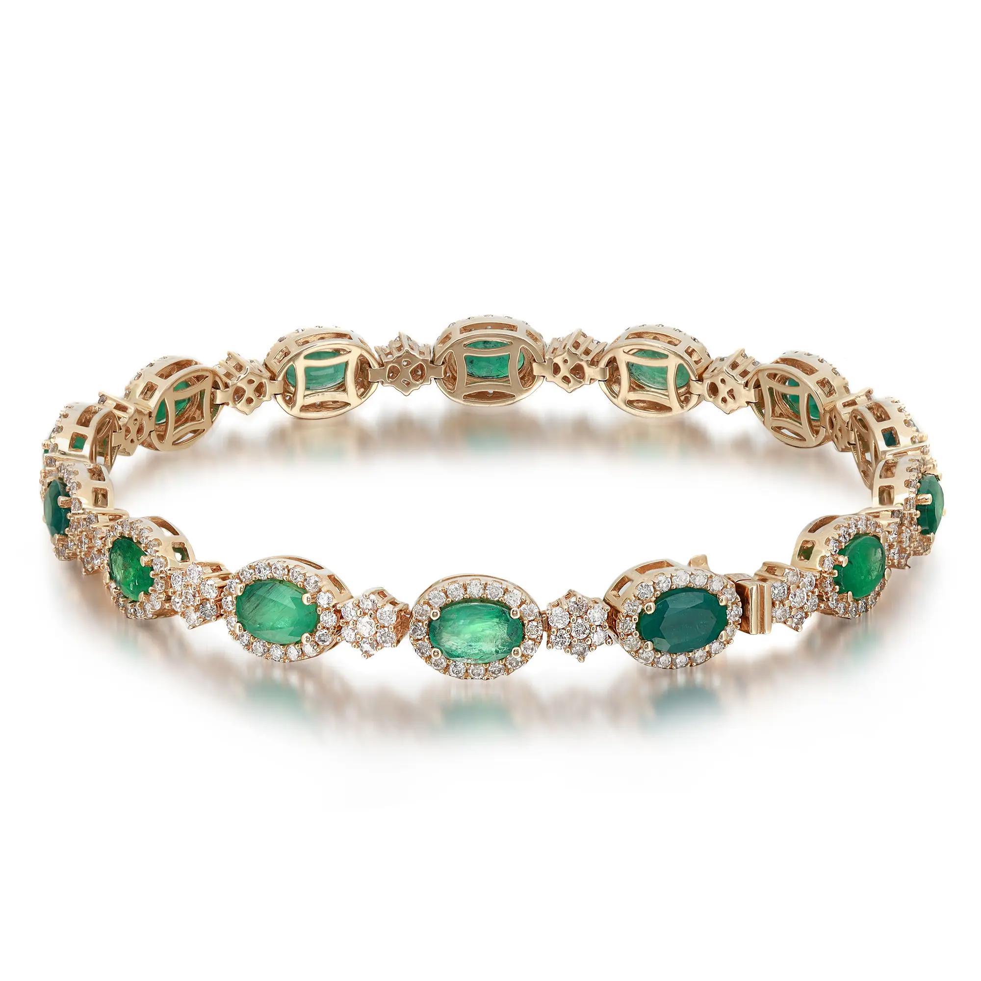 Oval Cut Emerald & Diamond Tennis Bracelet 14K Yellow Gold 7 Inches In New Condition For Sale In New York, NY