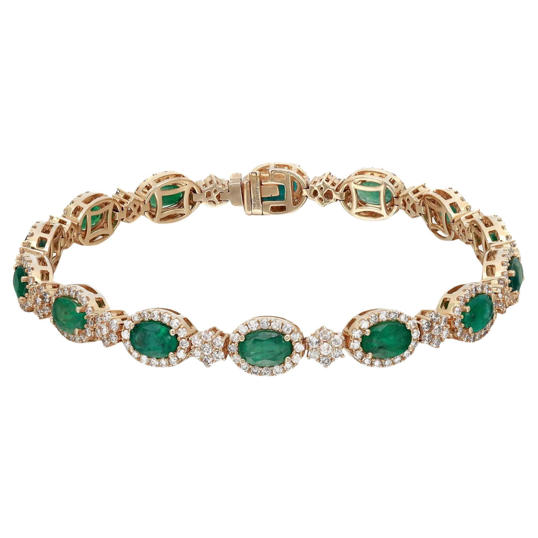 Oval Cut Emerald & Diamond Tennis Bracelet 14K Yellow Gold 7 Inches For Sale