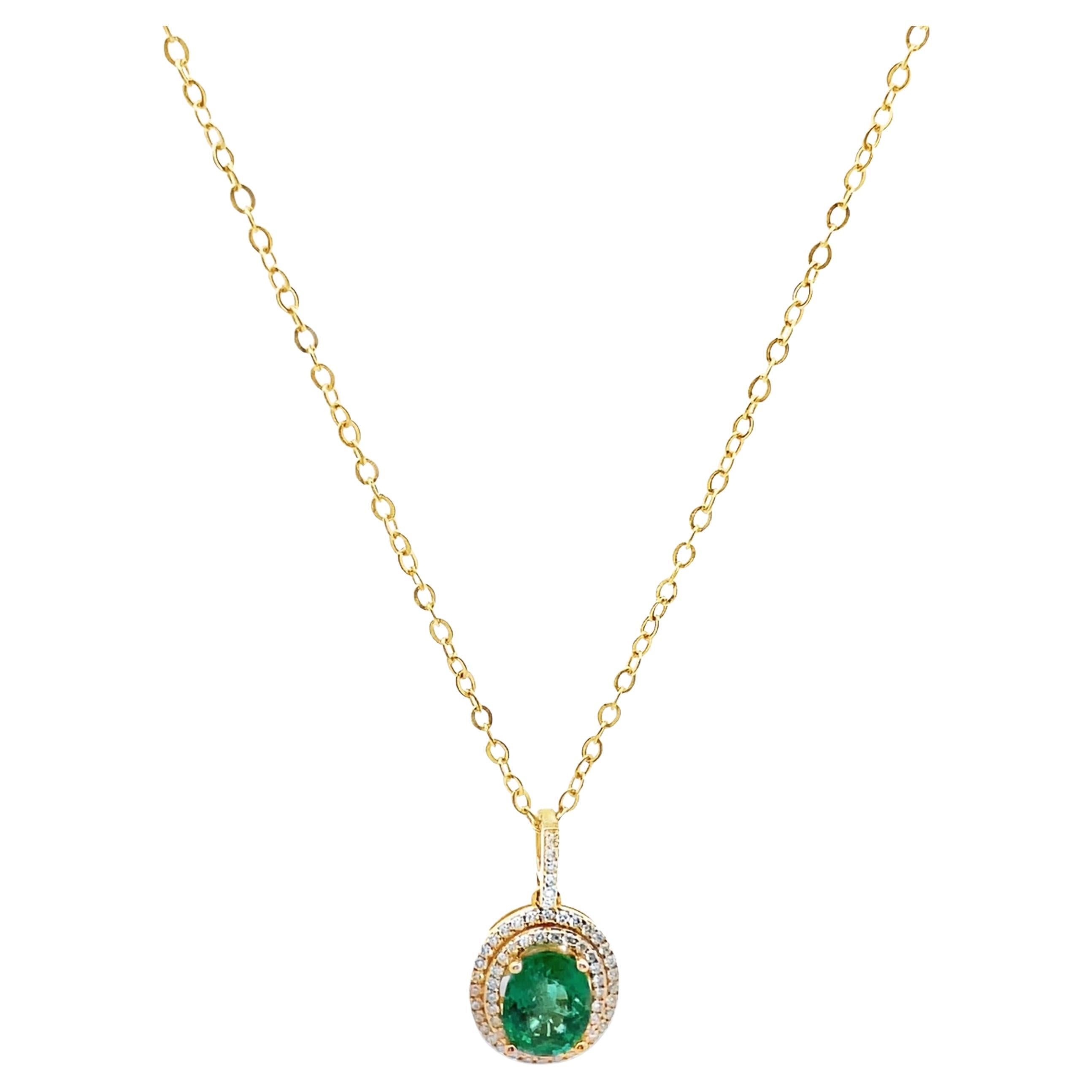 Oval Cut Emerald Double Halo Necklace - 14K Yellow Gold and Diamonds