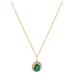 Oval Cut Emerald Double Halo Necklace - 14K Yellow Gold and Diamonds