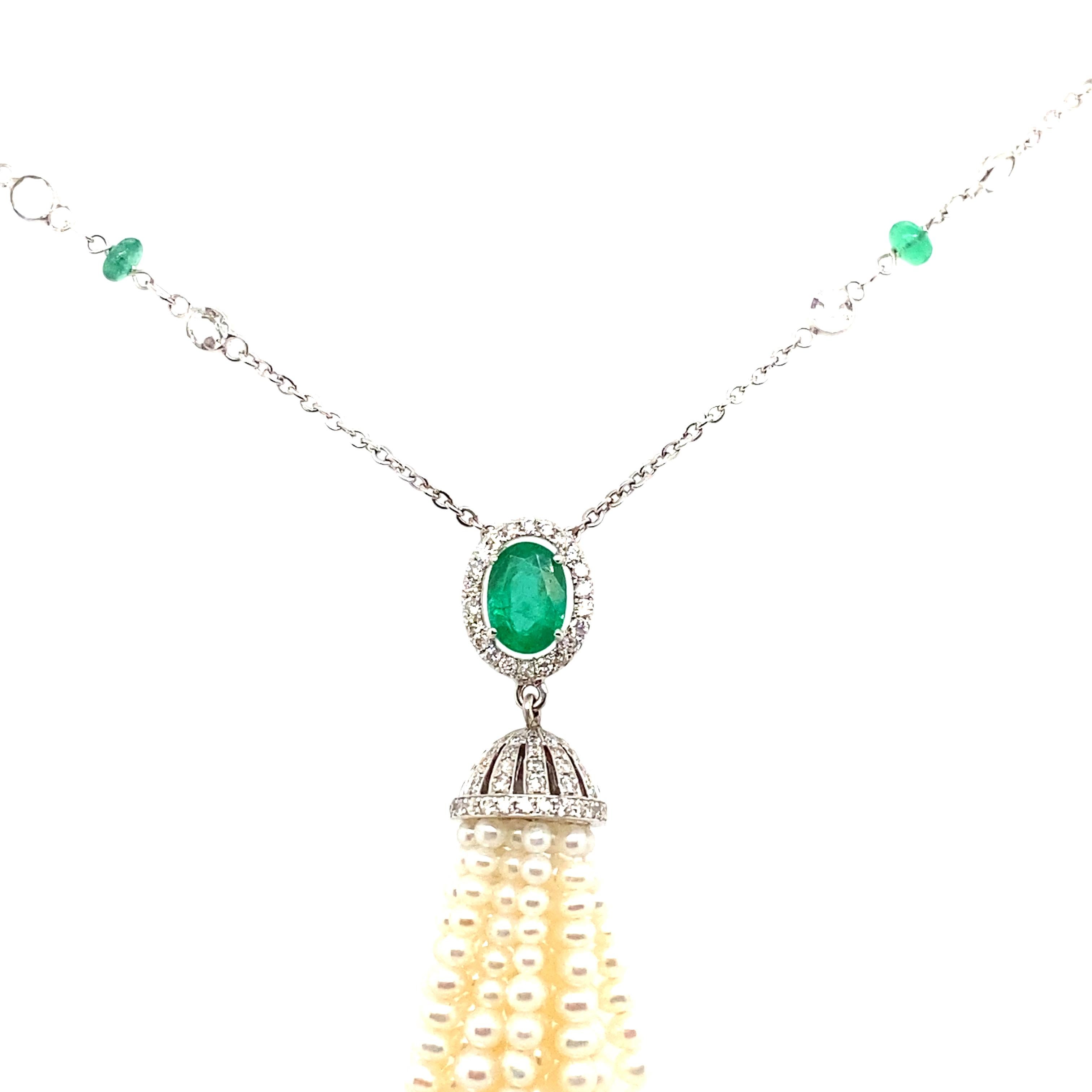 Halskette mit Quasten aus Gold mit Smaragd im Ovalschliff, Smaragdperlen, Perlen und weißen Diamanten für Damen oder Herren im Angebot