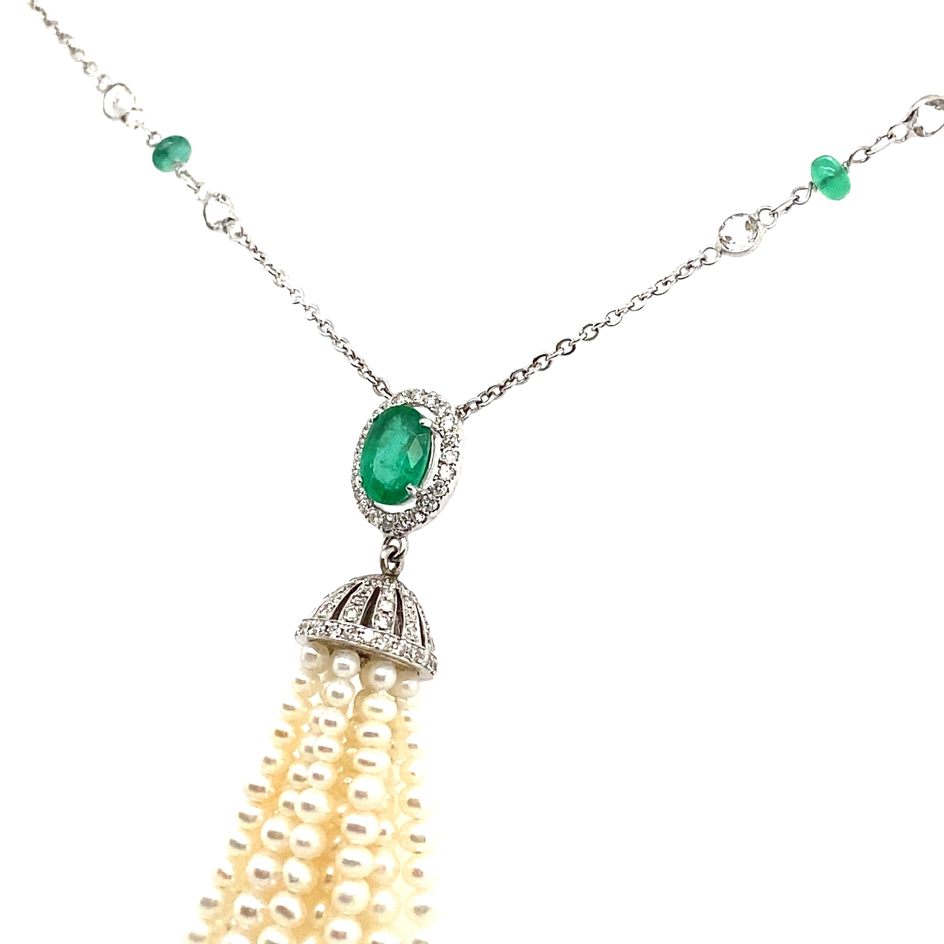 Contemporary Oval-Cut Emerald, Emerald Beads, Pearls, and White Diamond Gold Tassel Necklace For Sale