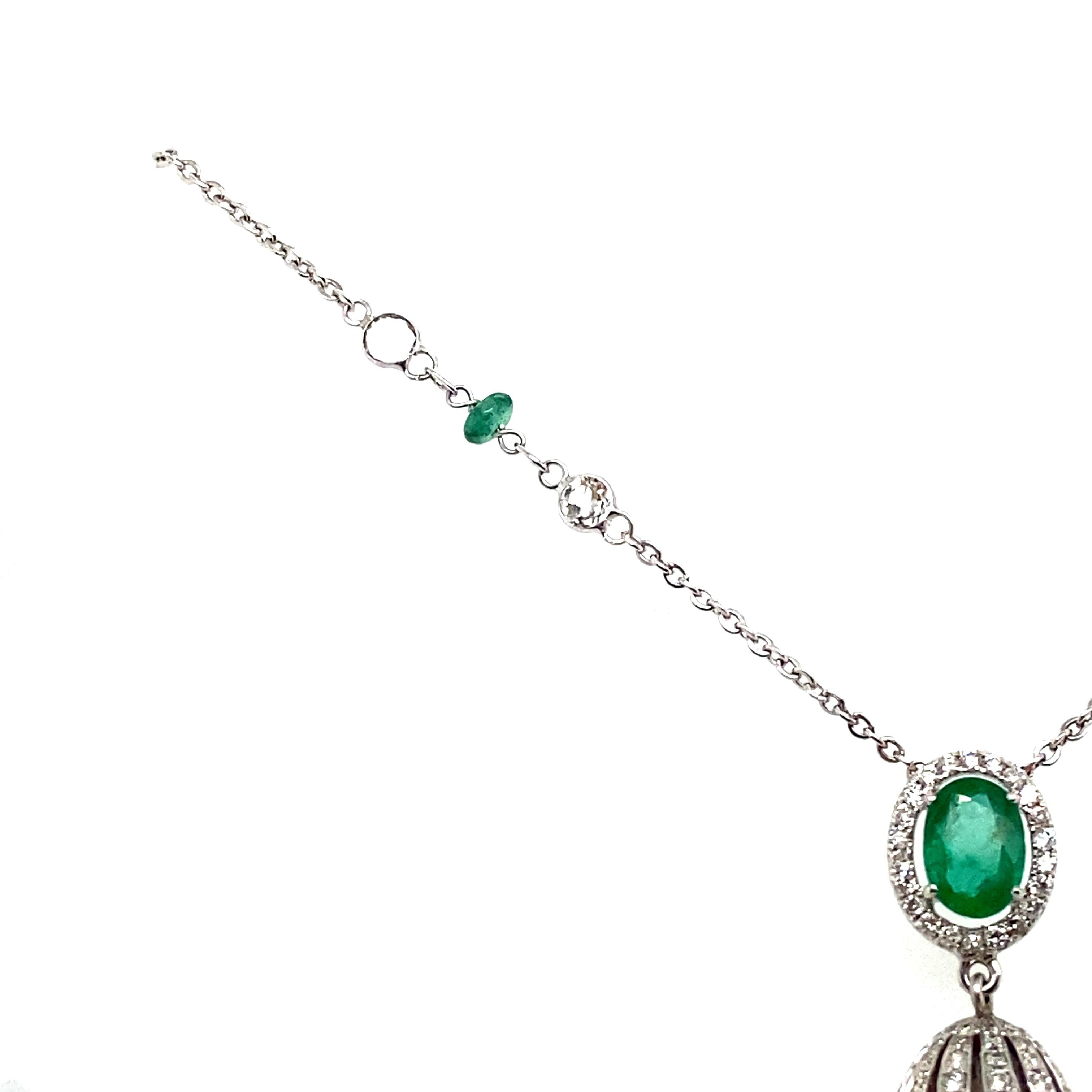 Oval Cut Oval-Cut Emerald, Emerald Beads, Pearls, and White Diamond Gold Tassel Necklace For Sale