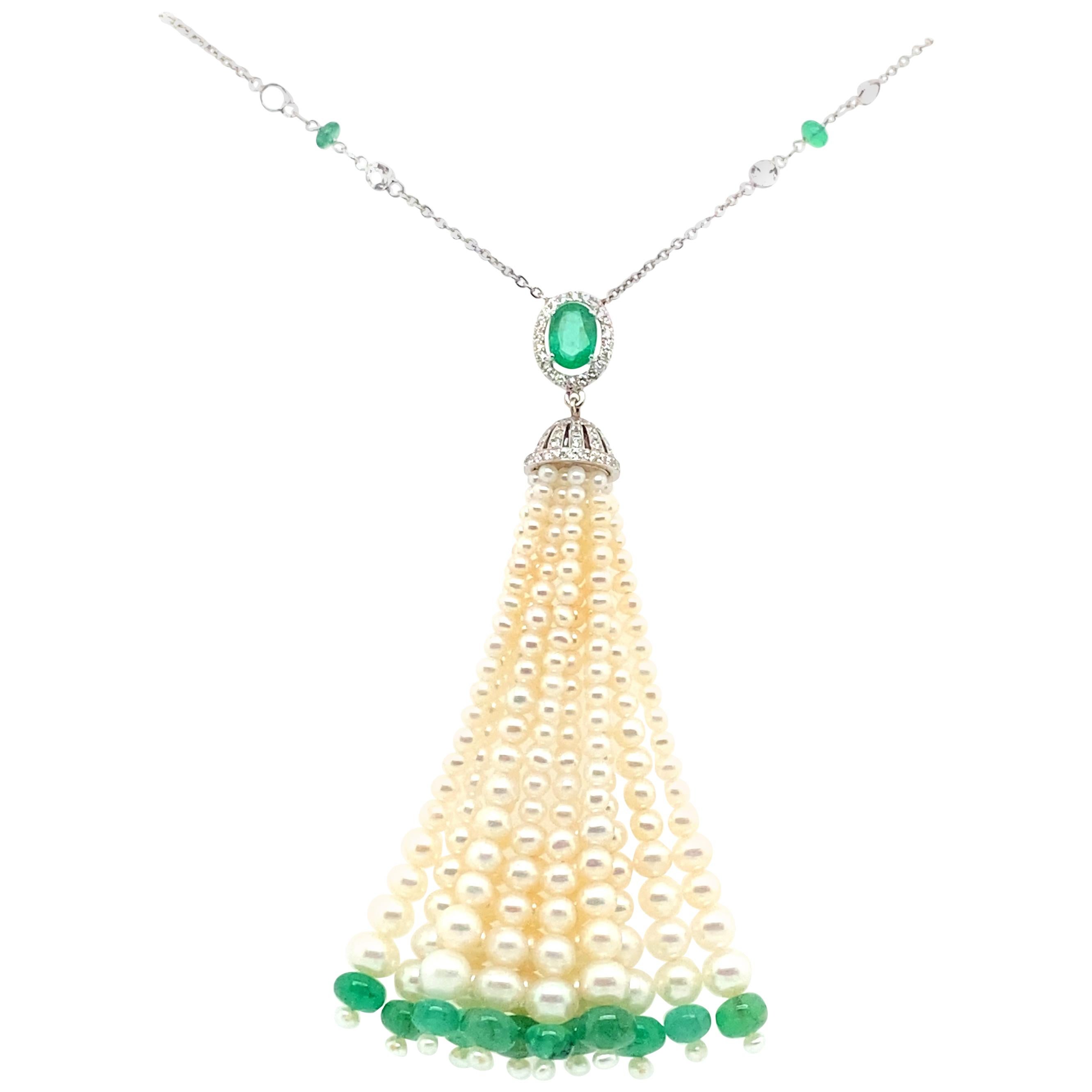 Oval-Cut Emerald, Emerald Beads, Pearls, and White Diamond Gold Tassel Necklace