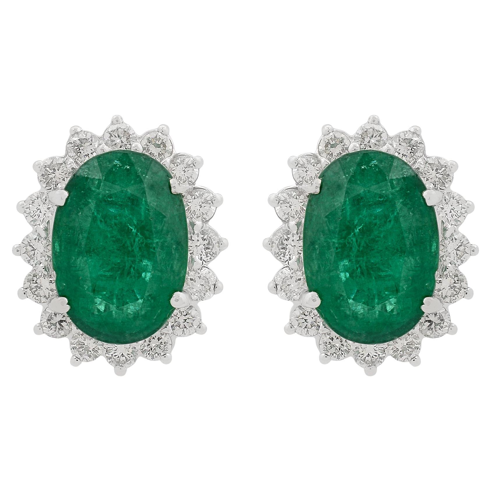 Oval Cut Emerald May Birthstone Halo Diamond Stud Earrings 14 Karat White Gold