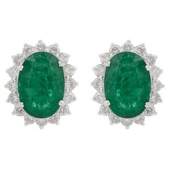 Oval Cut Emerald May Birthstone Halo Diamond Stud Earrings 14 Karat White Gold