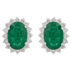 Oval Cut Emerald May Birthstone Halo Diamond Stud Earrings 18 Karat White Gold