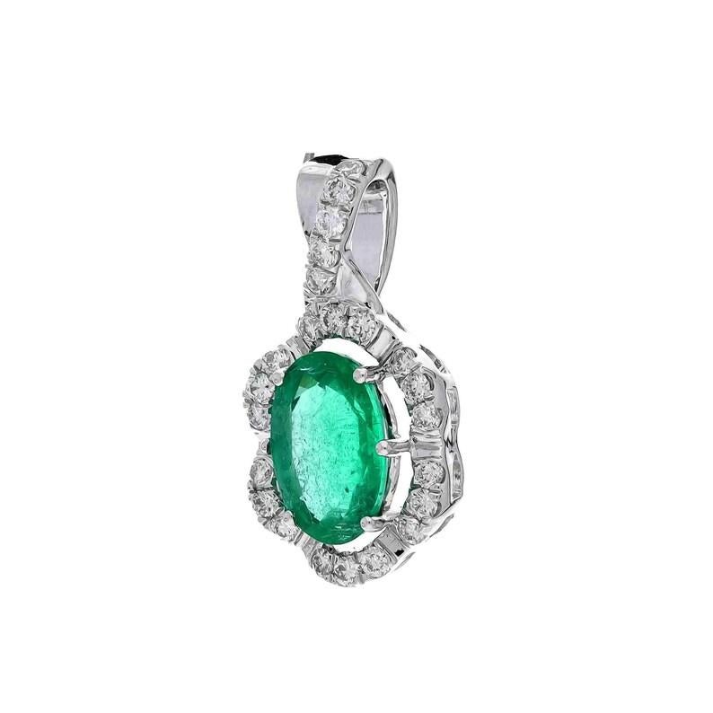 Contemporary Oval Cut Emerald Pendant with Diamonds - 18k White Gold -Stunning Green Gemstone