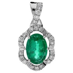 Oval Cut Emerald Pendant with Diamonds - 18k White Gold -Stunning Green Gemstone