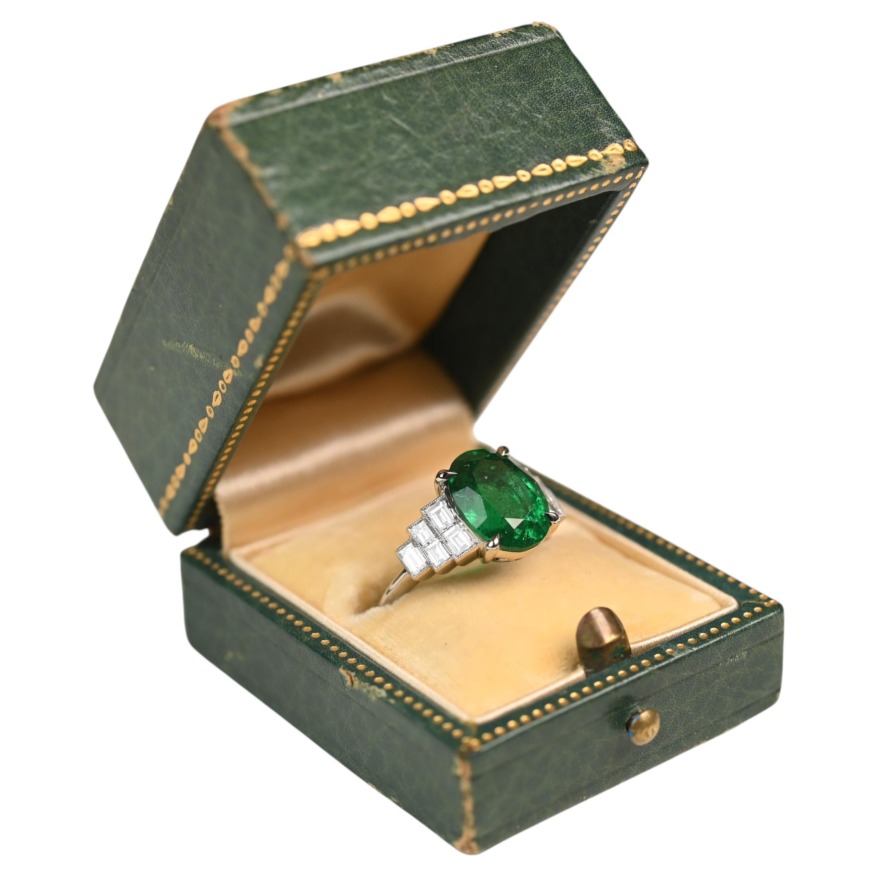 Oval Cut Emerald Ring. 3.60ct Emerald 1TCW Baguette Cut Diamond Ring Platinum