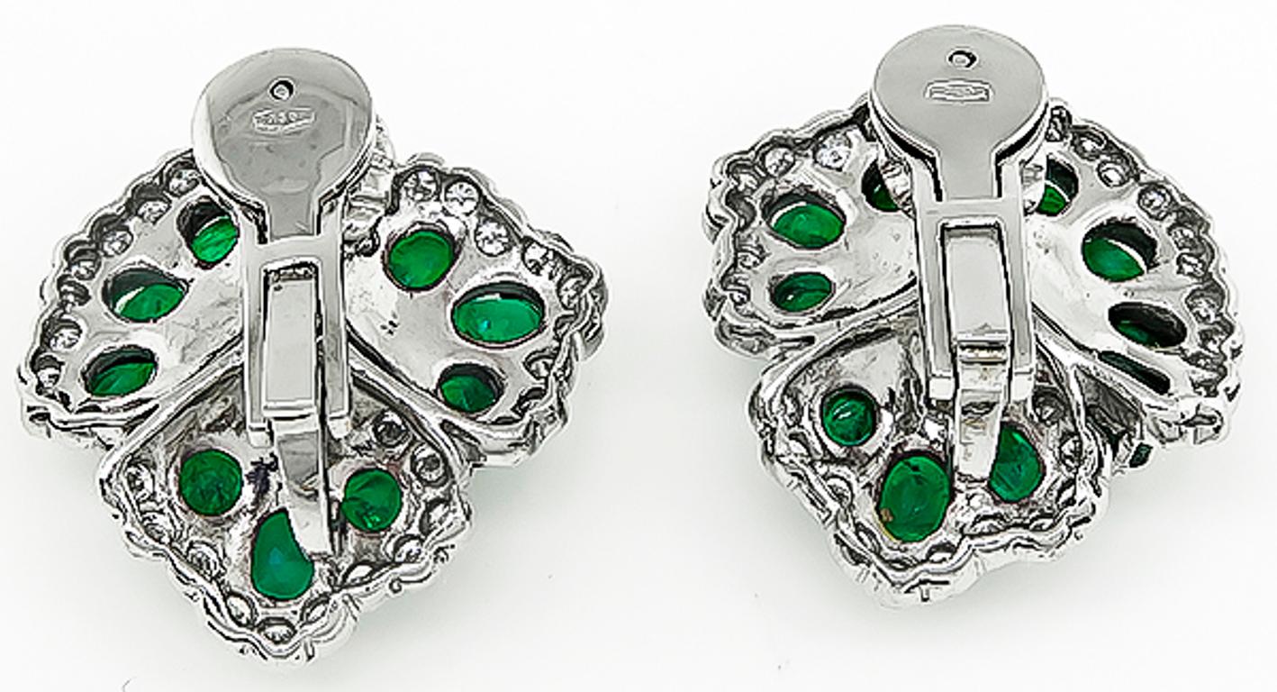 Women's or Men's Oval Cut Emerald Round Cut Diamond White Gold Earrings For Sale