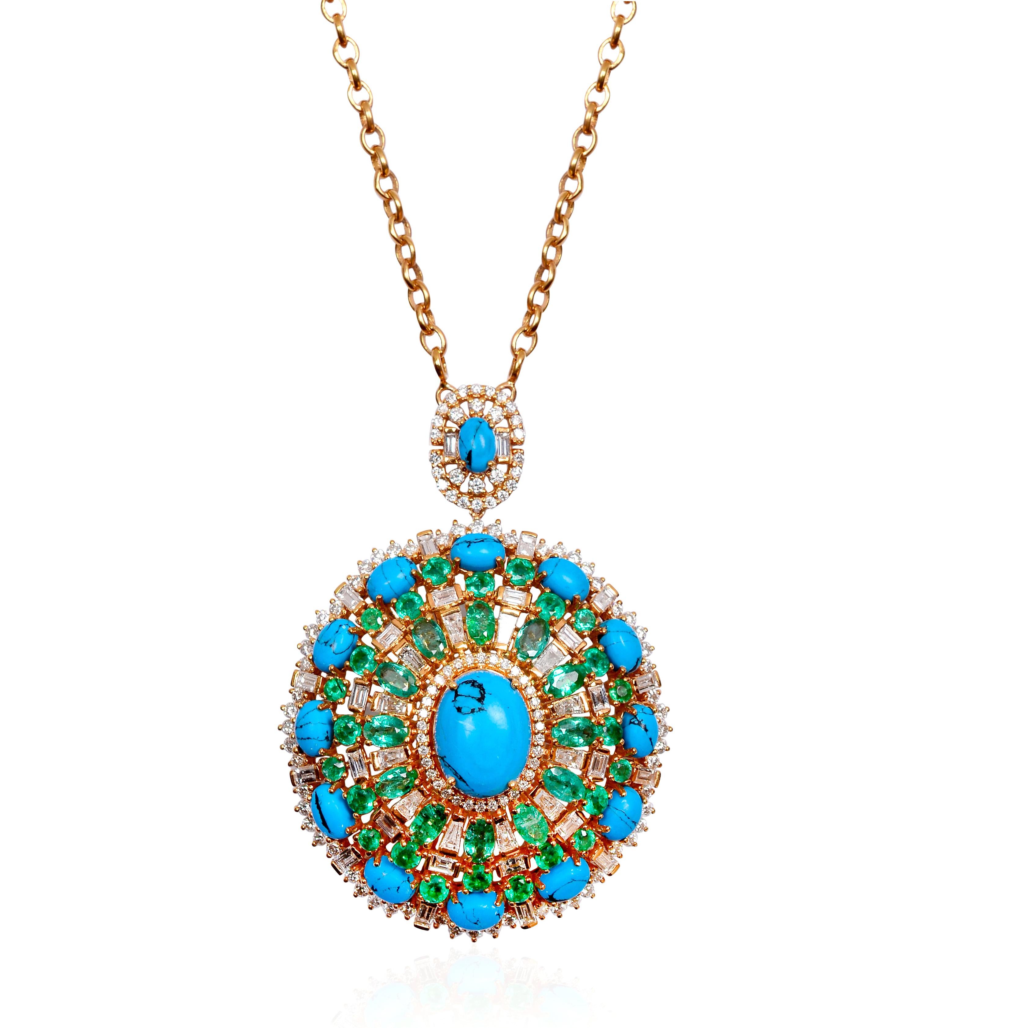 Surrounding the emerald turquoise gemstone are dazzling diamonds, meticulously set in 18-karat yellow gold. The diamonds add a touch of sparkle and brilliance, elevating the overall design of the pendant. Their radiant beauty enhances the natural