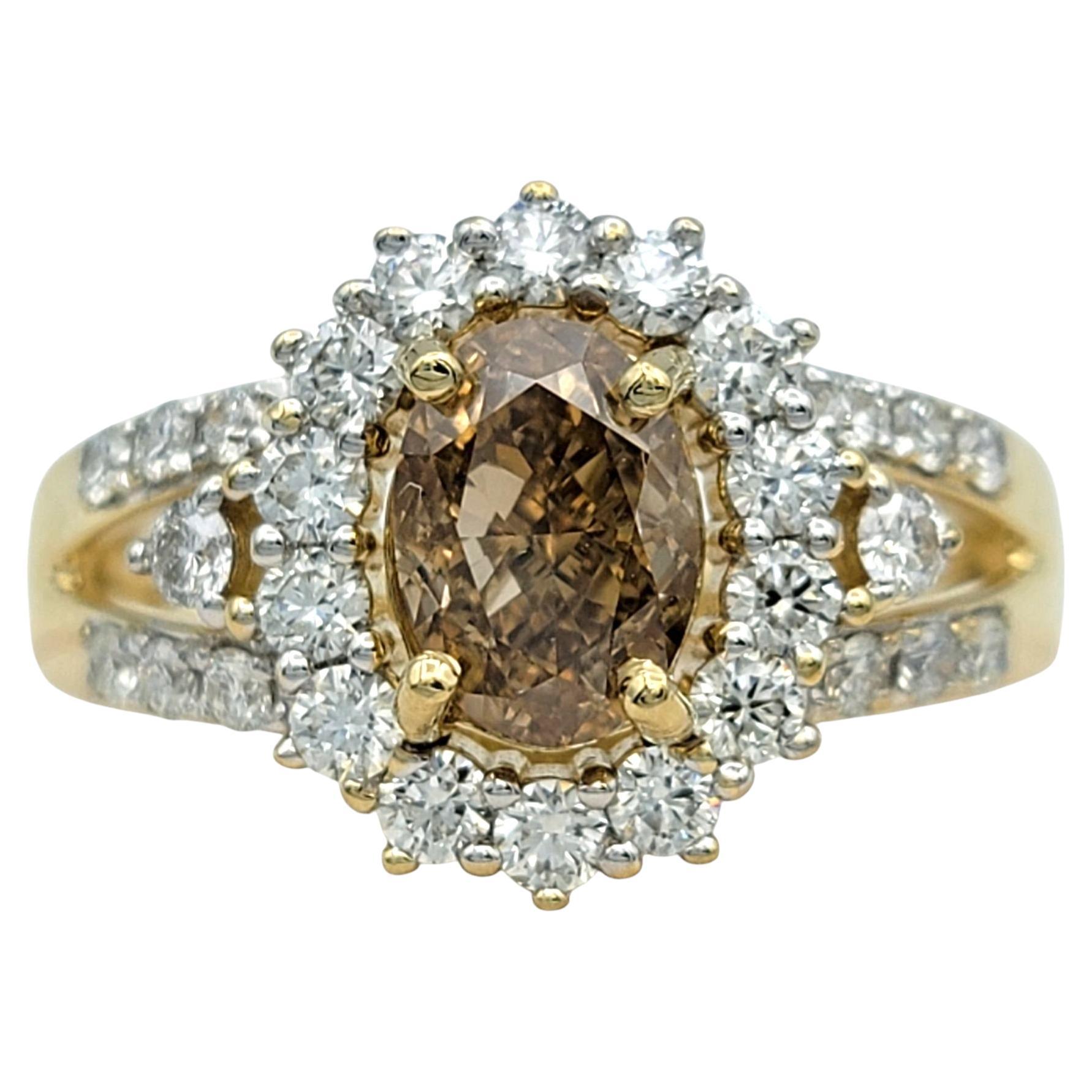 Oval Cut Fancy Light Brown and White Diamond Halo Ring in 14 Karat Yellow Gold