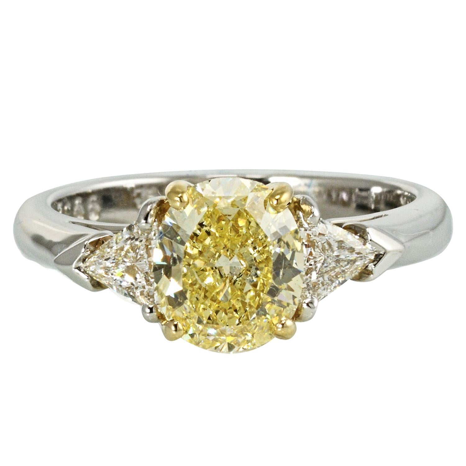 Oval Cut Fancy Yellow Three-Stone Diamond Engagement Platinum Ring