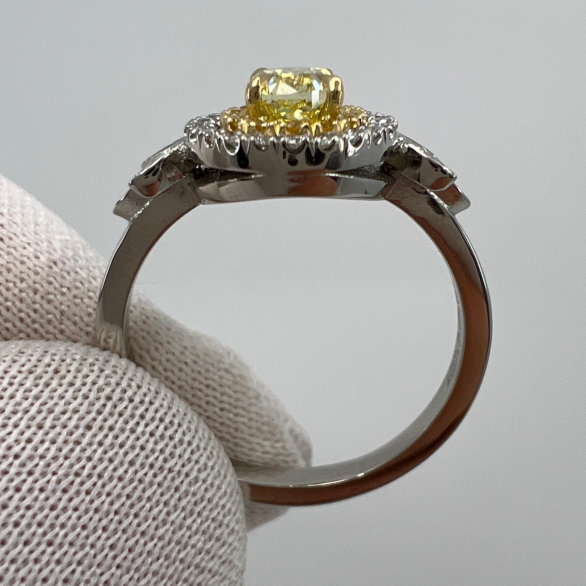 Oval Cut Fancy Yellow & White Diamond VS2 Platinum & 18k Yellow Gold Halo Ring In New Condition In Birmingham, GB