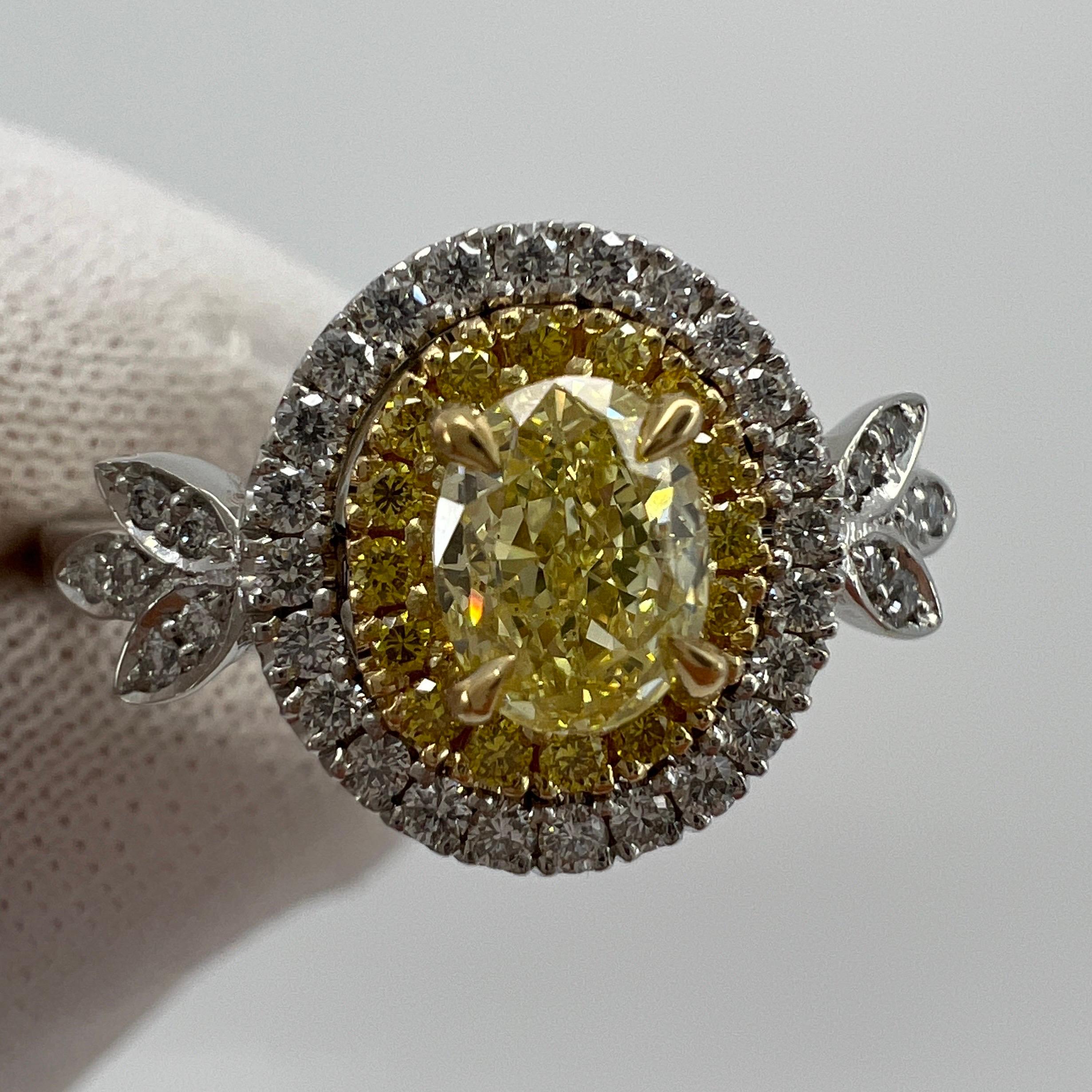 Women's or Men's Oval Cut Fancy Yellow & White Diamond VS2 Platinum & 18k Yellow Gold Halo Ring