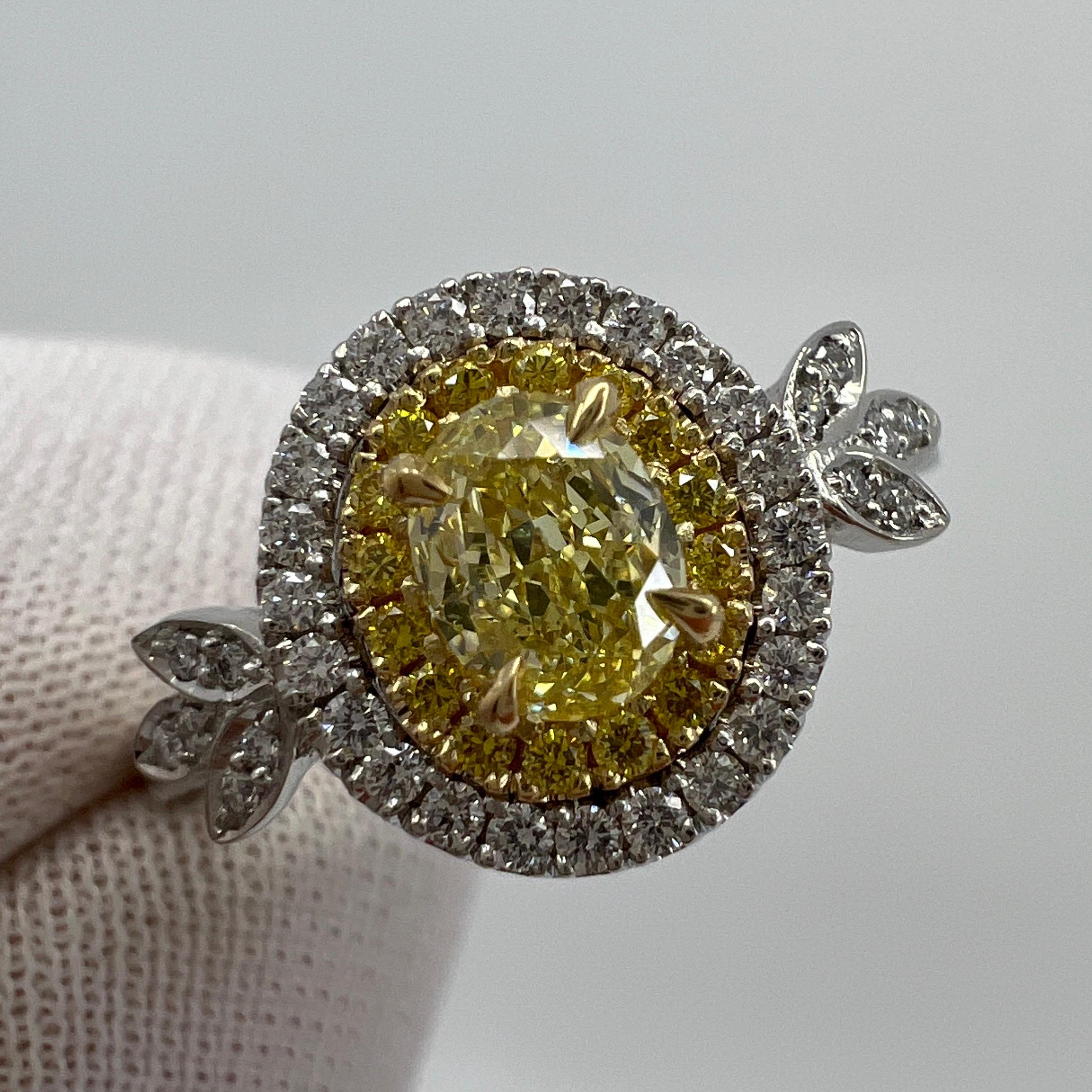 Oval Cut Fancy Yellow & White Diamond VS2 Platinum & 18k Yellow Gold Halo Ring 1