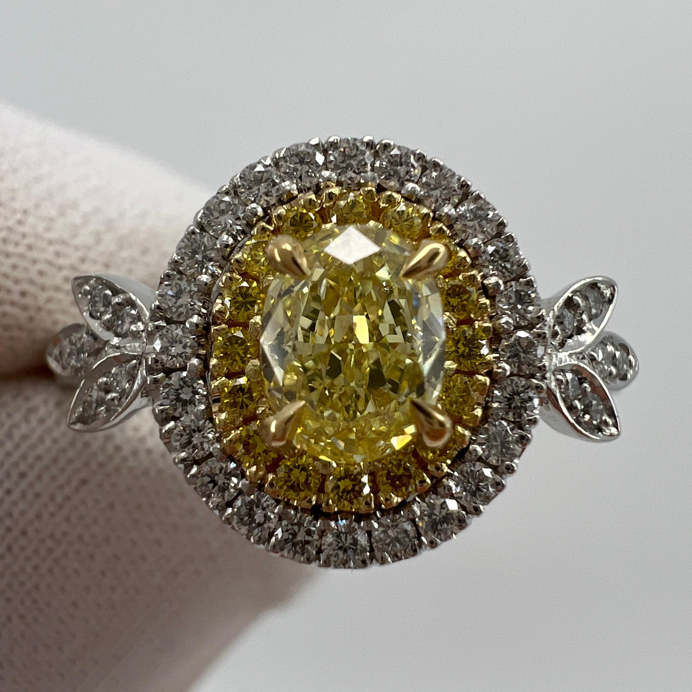 Oval Cut Fancy Yellow & White Diamond VS2 Platinum & 18k Yellow Gold Halo Ring 2