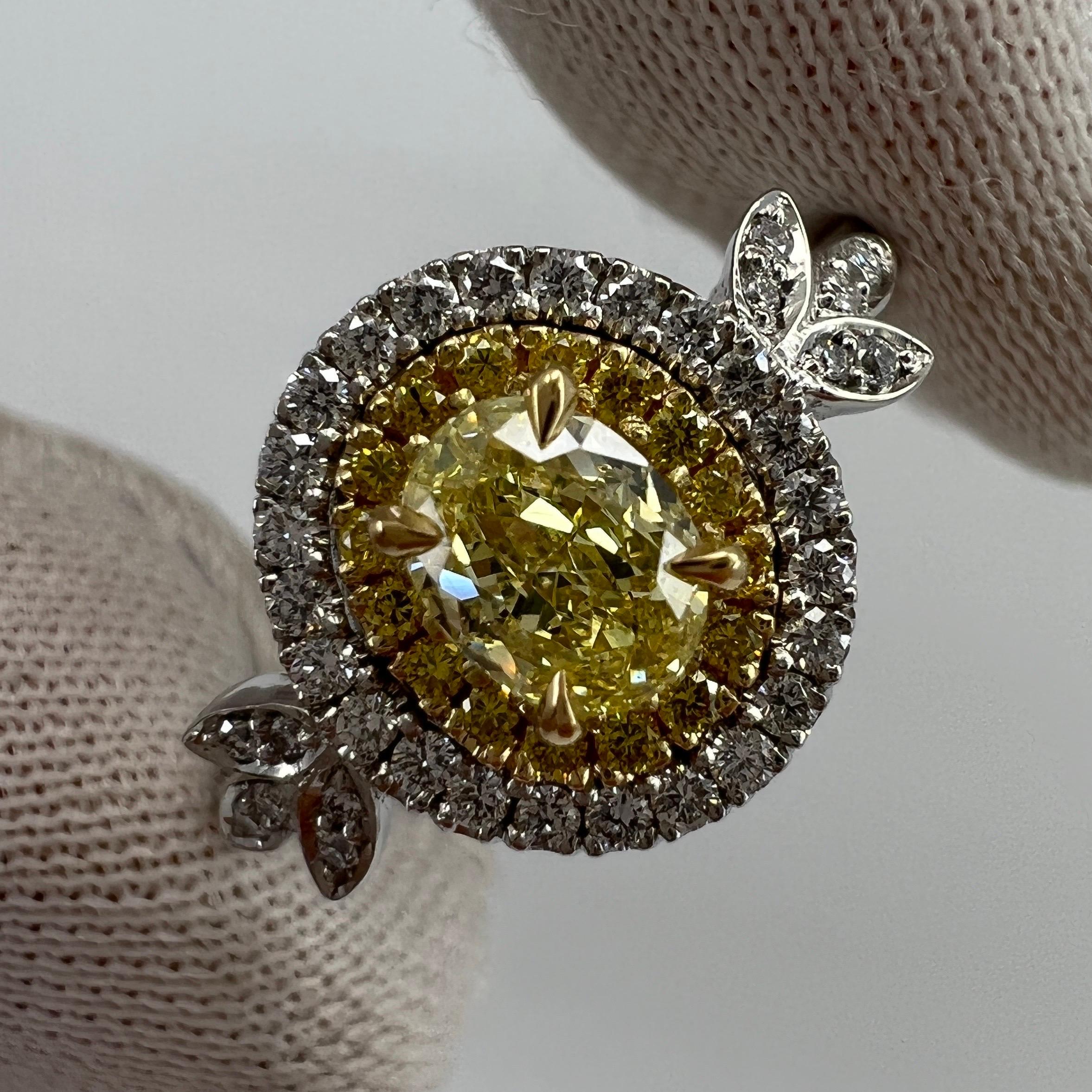 Oval Cut Fancy Yellow & White Diamond VS2 Platinum & 18k Yellow Gold Halo Ring 5