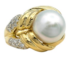 Oval Cut Fresh Water Pearl and Pavé Diamond Cocktail Ring 18 Karat Yellow Gold