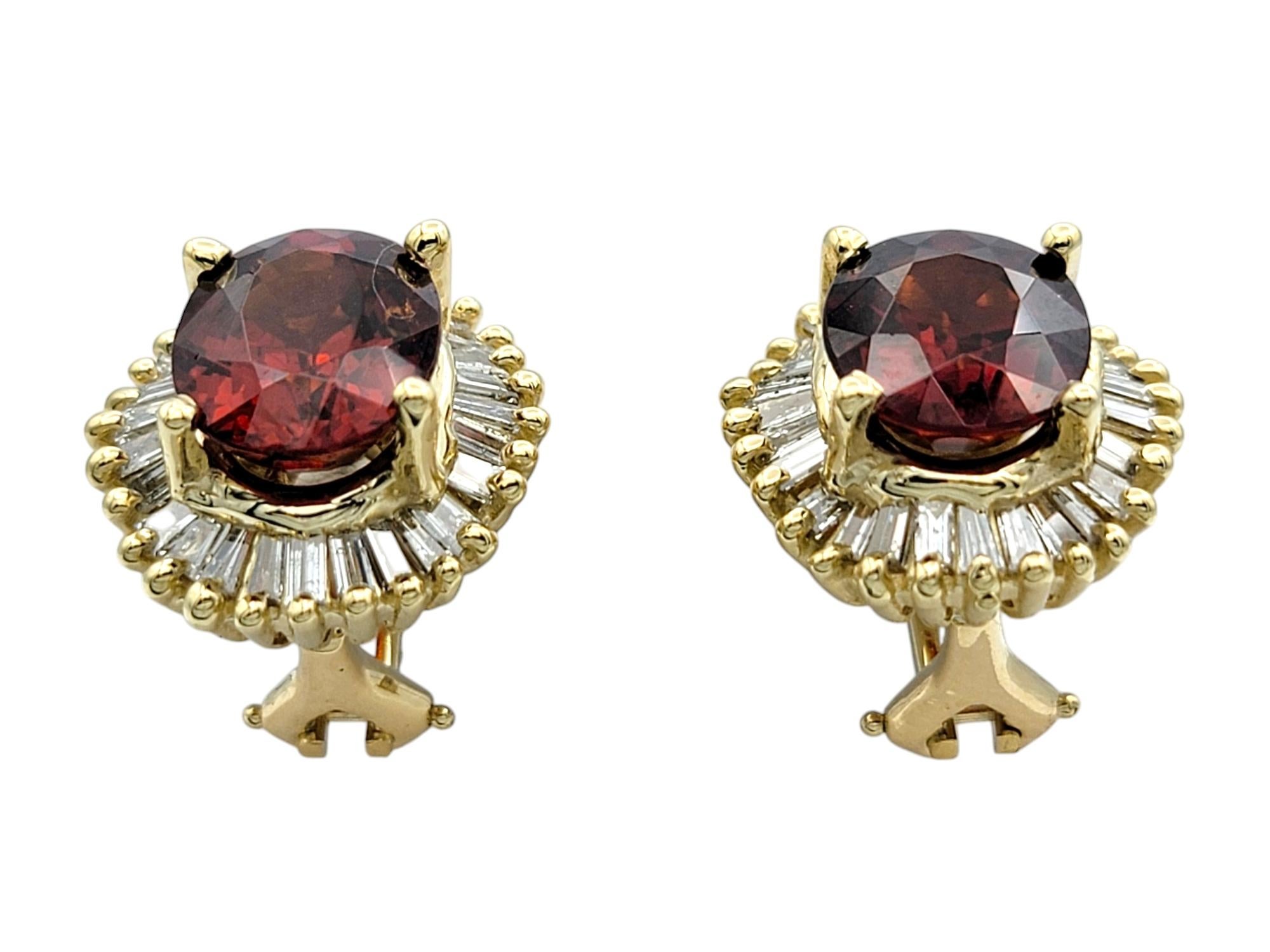 Oval Cut Garnet and Baguette Diamond Halo Stud Earrings in 14 Karat Yellow Gold In Good Condition For Sale In Scottsdale, AZ