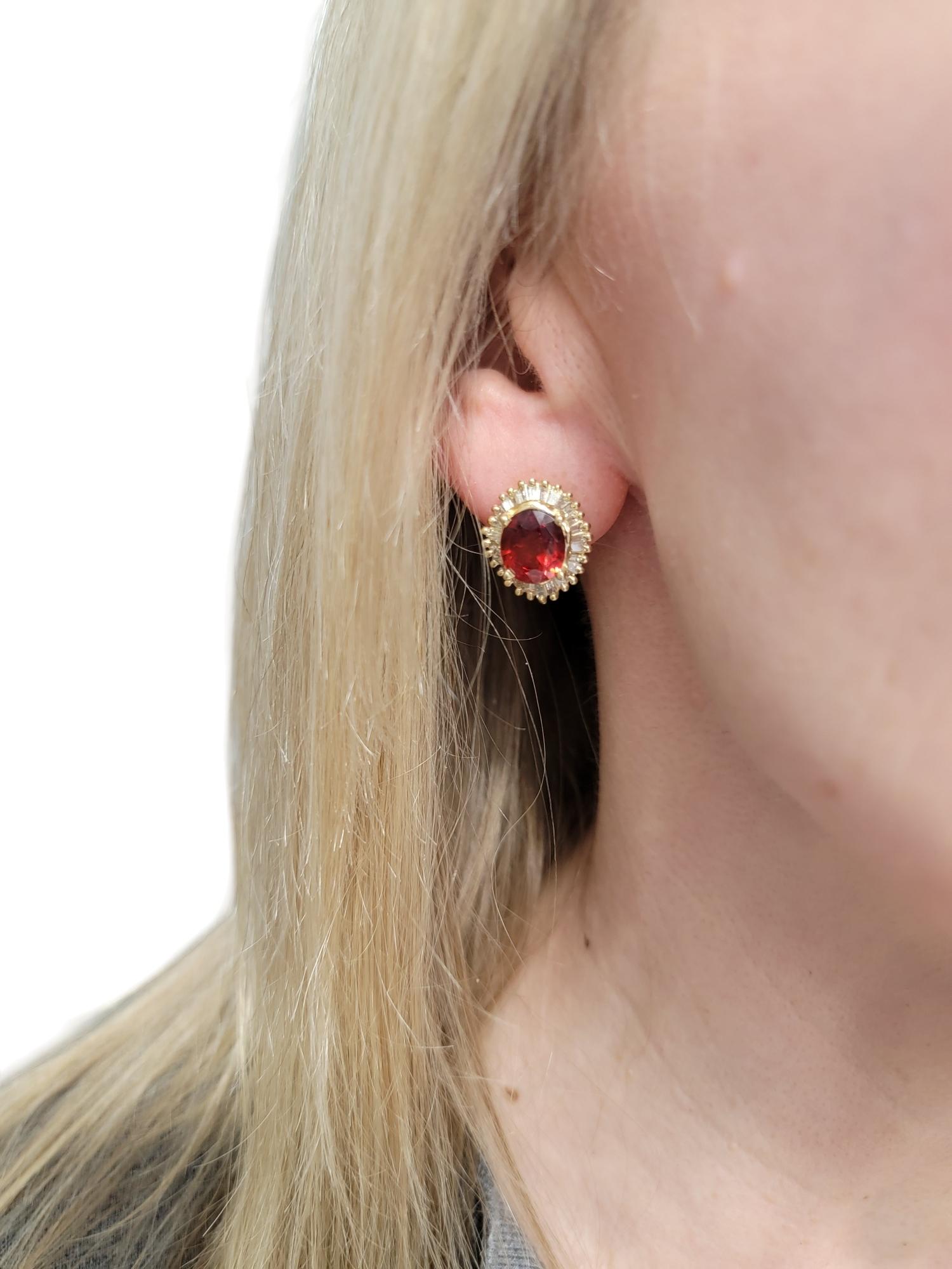 Oval Cut Garnet and Baguette Diamond Halo Stud Earrings in 14 Karat Yellow Gold For Sale 4