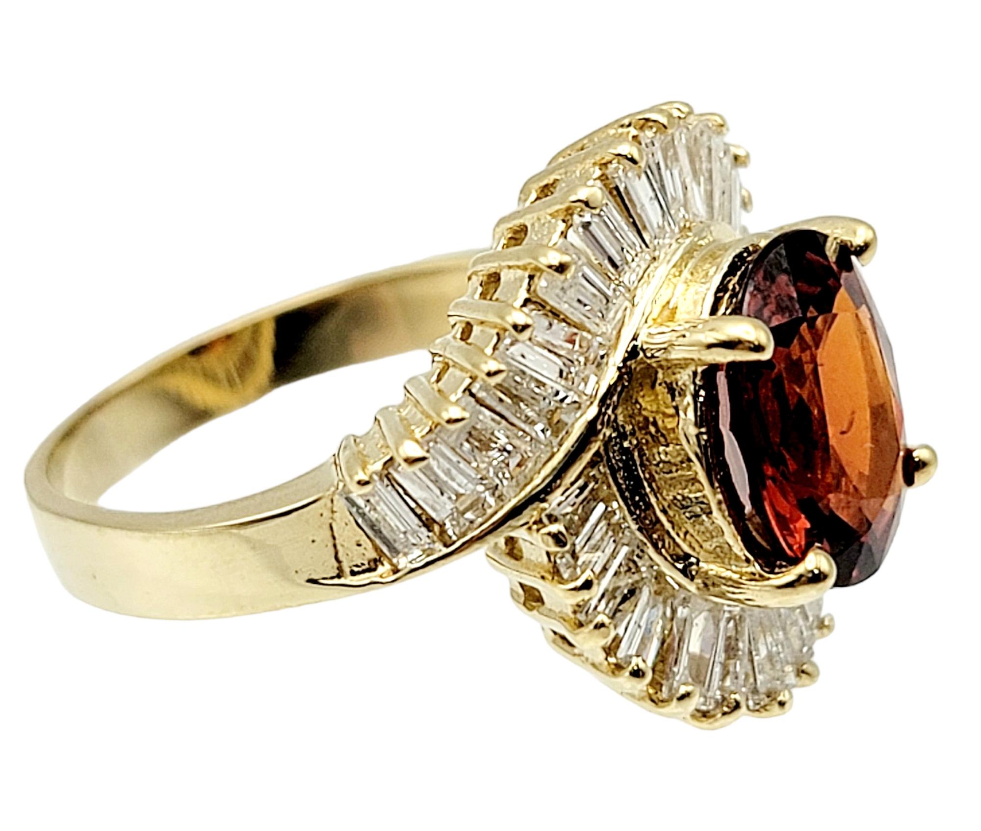 Ring size: 7

This gorgeous garnet cocktail ring fills the finger with incredible sparkle and color. The playful path of diamonds that surround the main stone really catches the light and creates a brilliant shine, capturing the viewers eye and