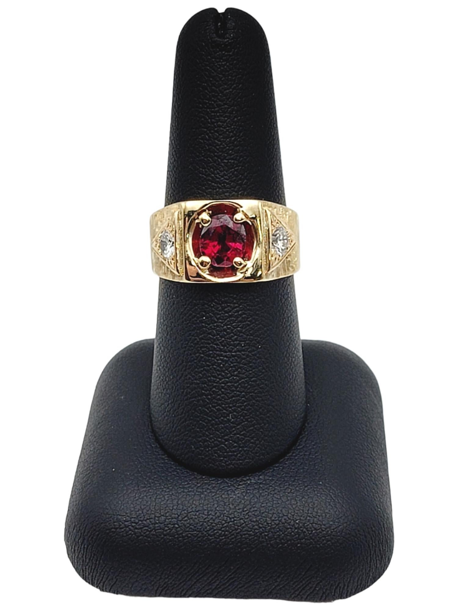 Oval Cut Garnet and Round Diamond Unisex Signet Style Ring 14 Karat Yellow Gold For Sale 6