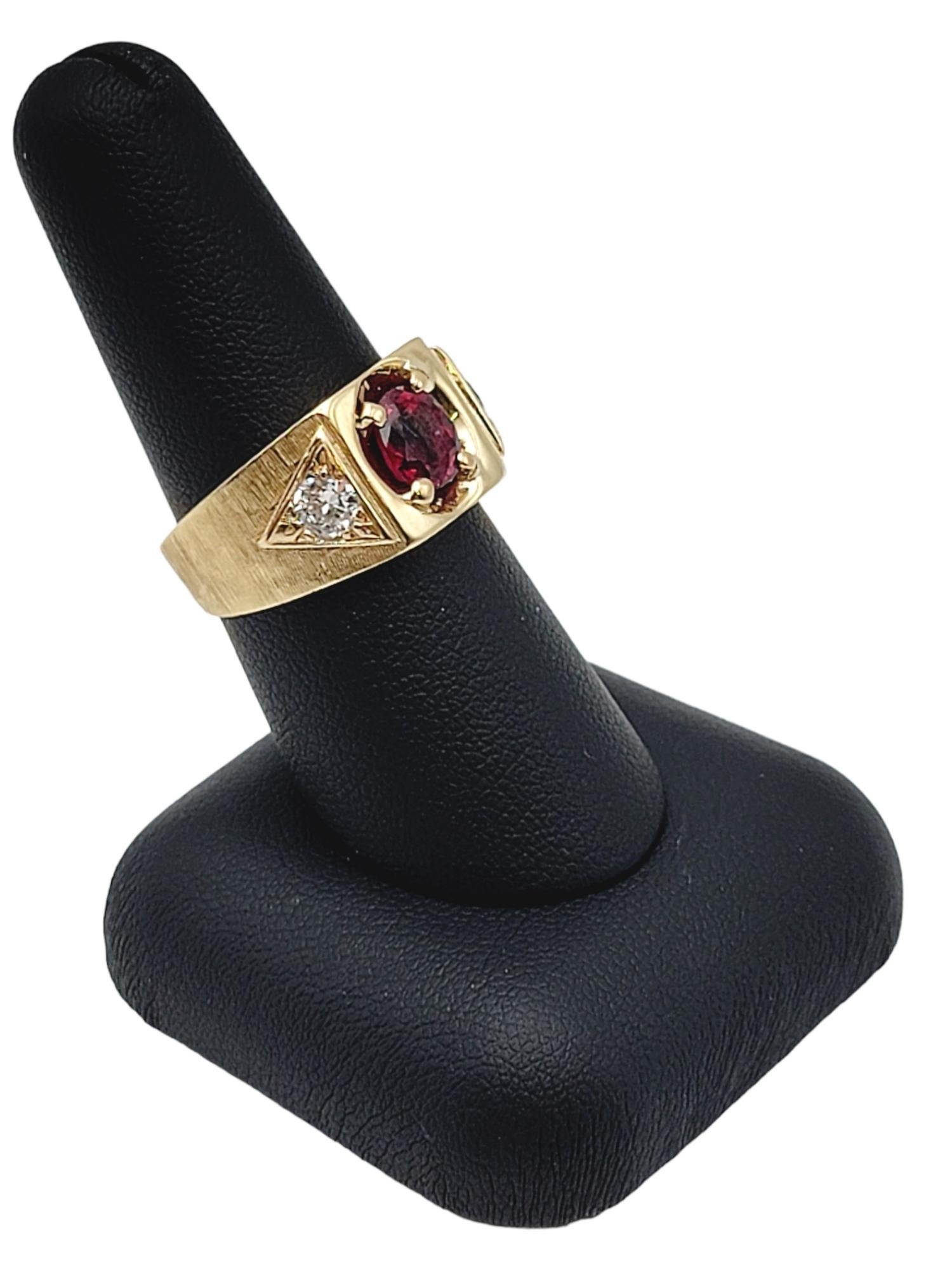 Oval Cut Garnet and Round Diamond Unisex Signet Style Ring 14 Karat Yellow Gold For Sale 7
