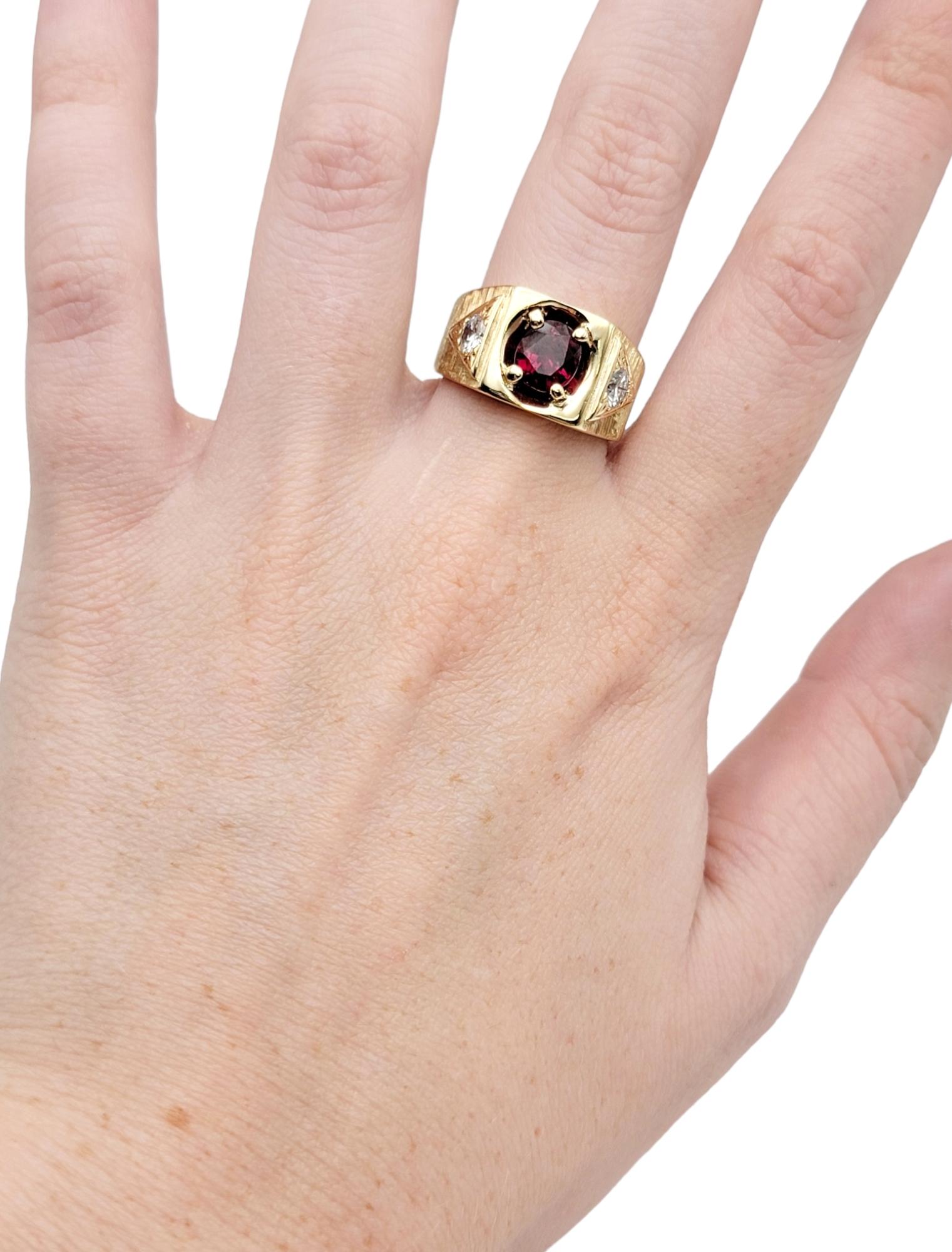 Oval Cut Garnet and Round Diamond Unisex Signet Style Ring 14 Karat Yellow Gold For Sale 10