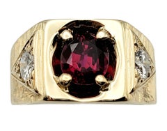 Oval Cut Garnet and Round Diamond Unisex Signet Style Ring 14 Karat Yellow Gold