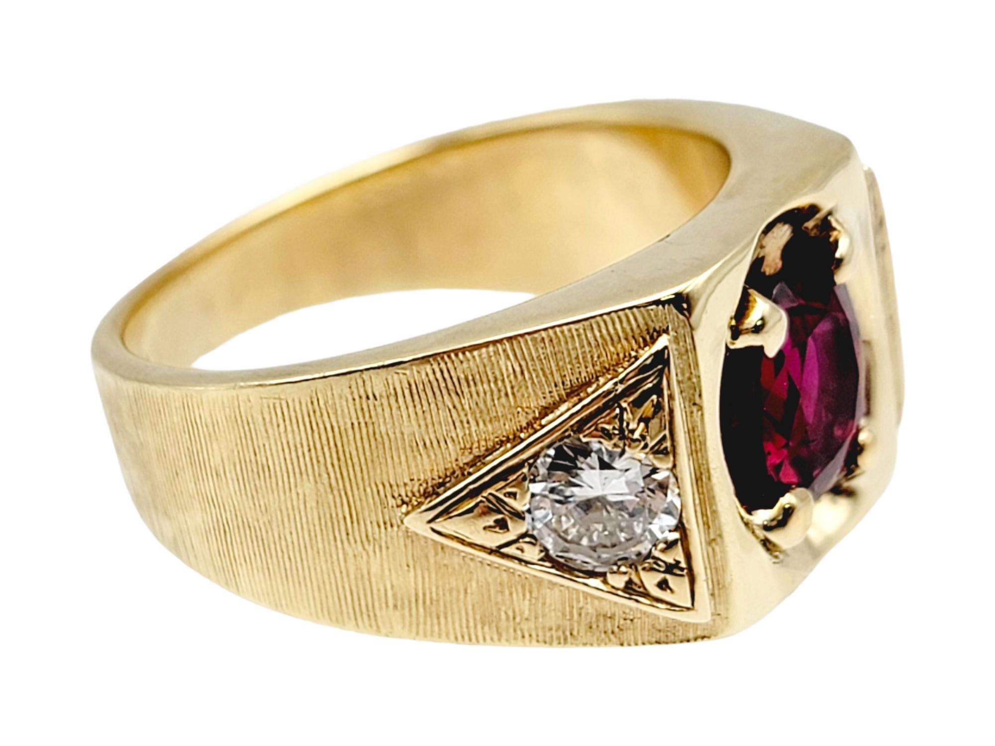 Oval Cut Garnet and Round Diamond Unisex Signet Style Ring 14 Karat Yellow Gold In Good Condition For Sale In Scottsdale, AZ